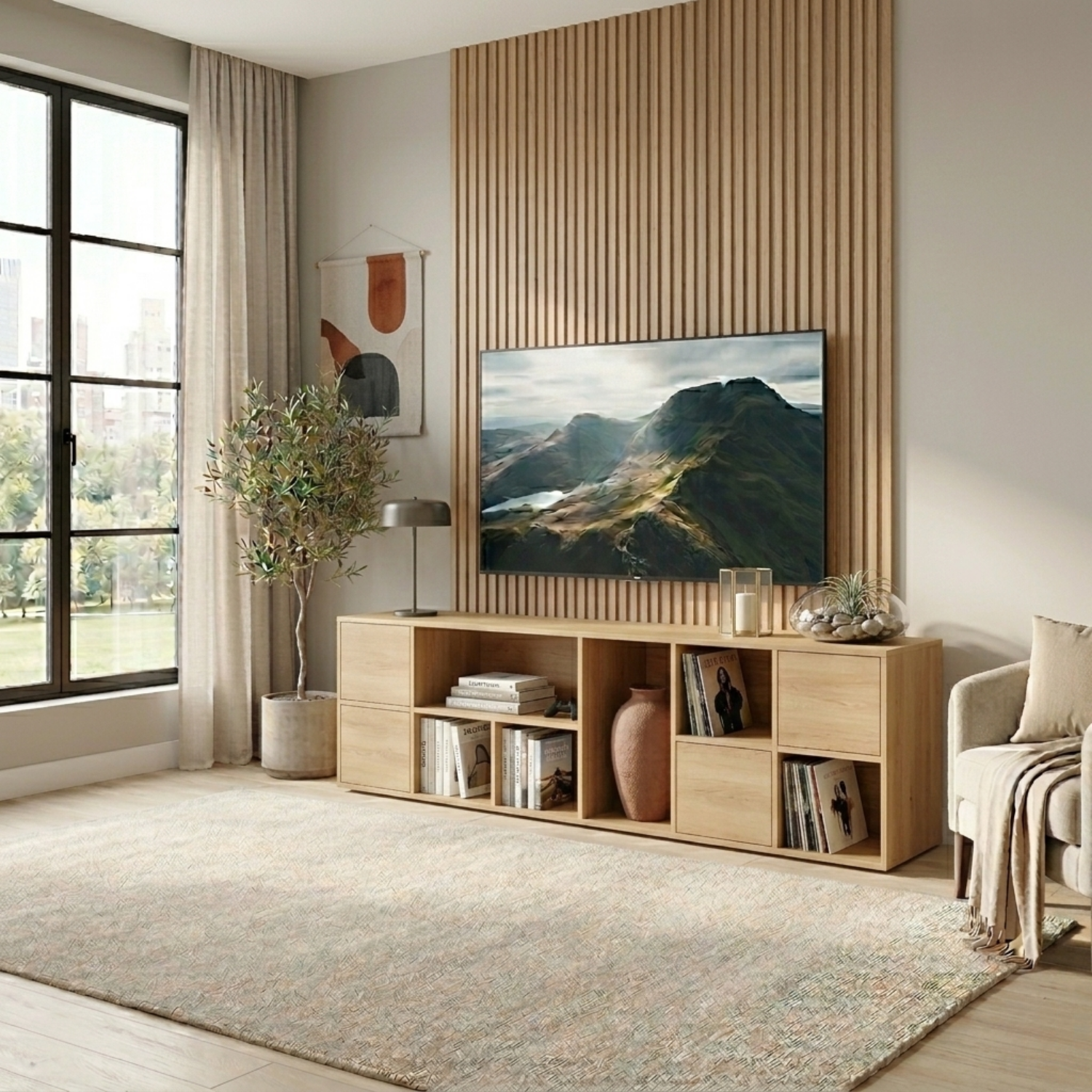 Solid Wood TV Stand with Open Shelves and Drawers – Modern Minimalist Media Console