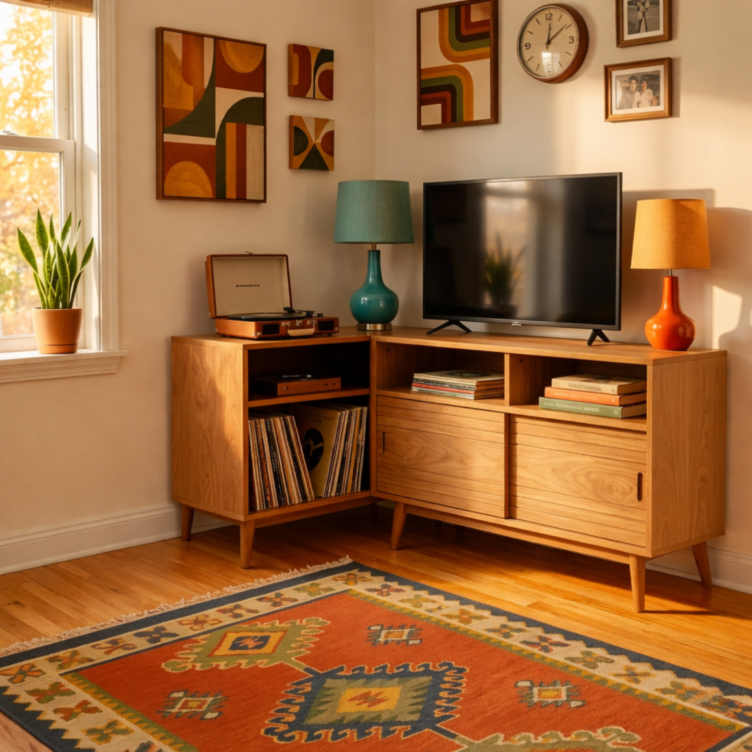 Solid Wood Corner TV Stand with Record Storage, Sliding Door Cabinet and Open Shelves