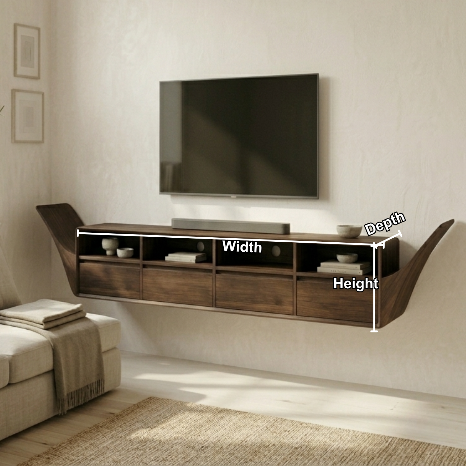 Floating Solid Wood TV Stand with Open Shelves and Drawers – Wall Mounted Media Console