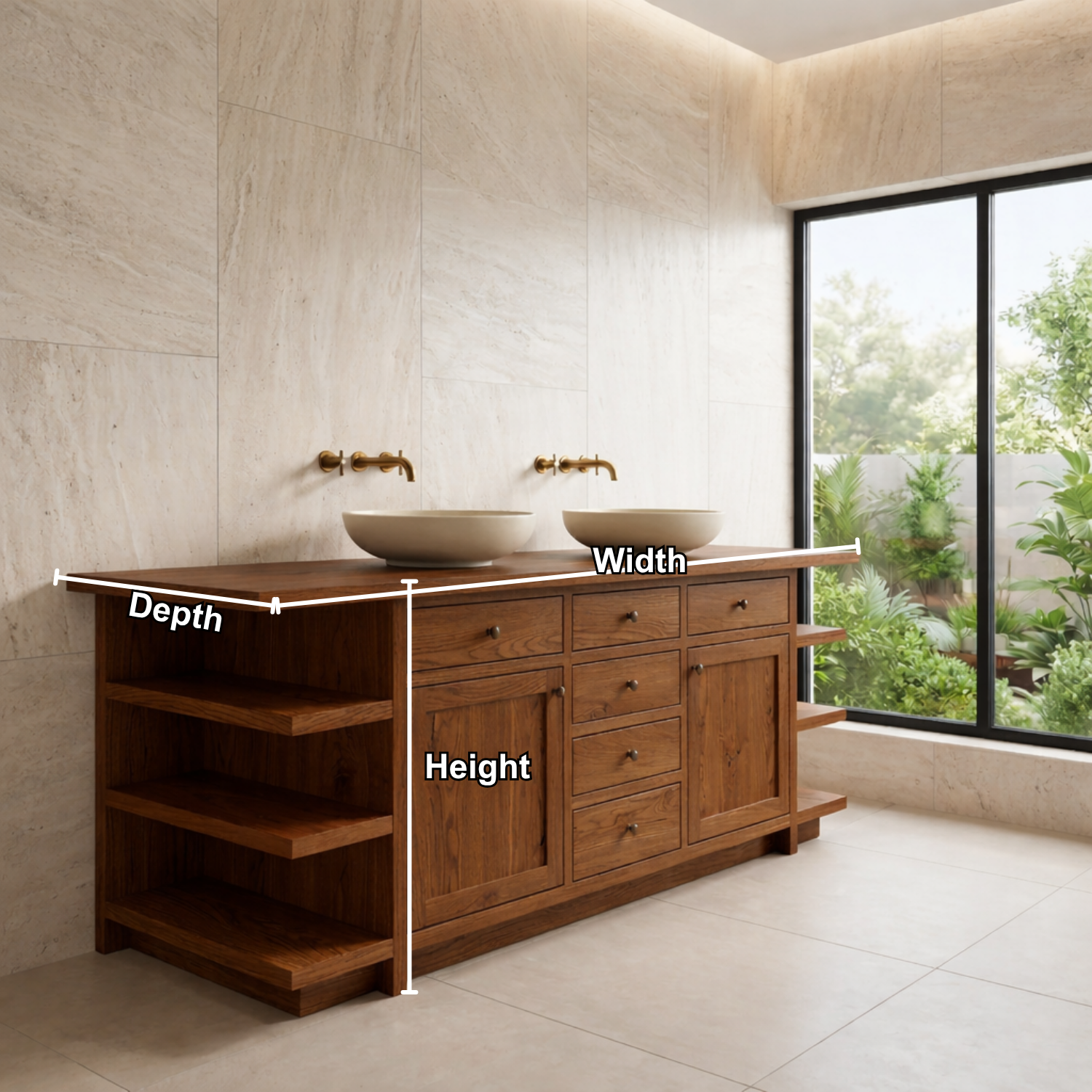 Double Solid Wood Bathroom Vanity - Handcrafted Farmhouse Cabinet with Side Shelves