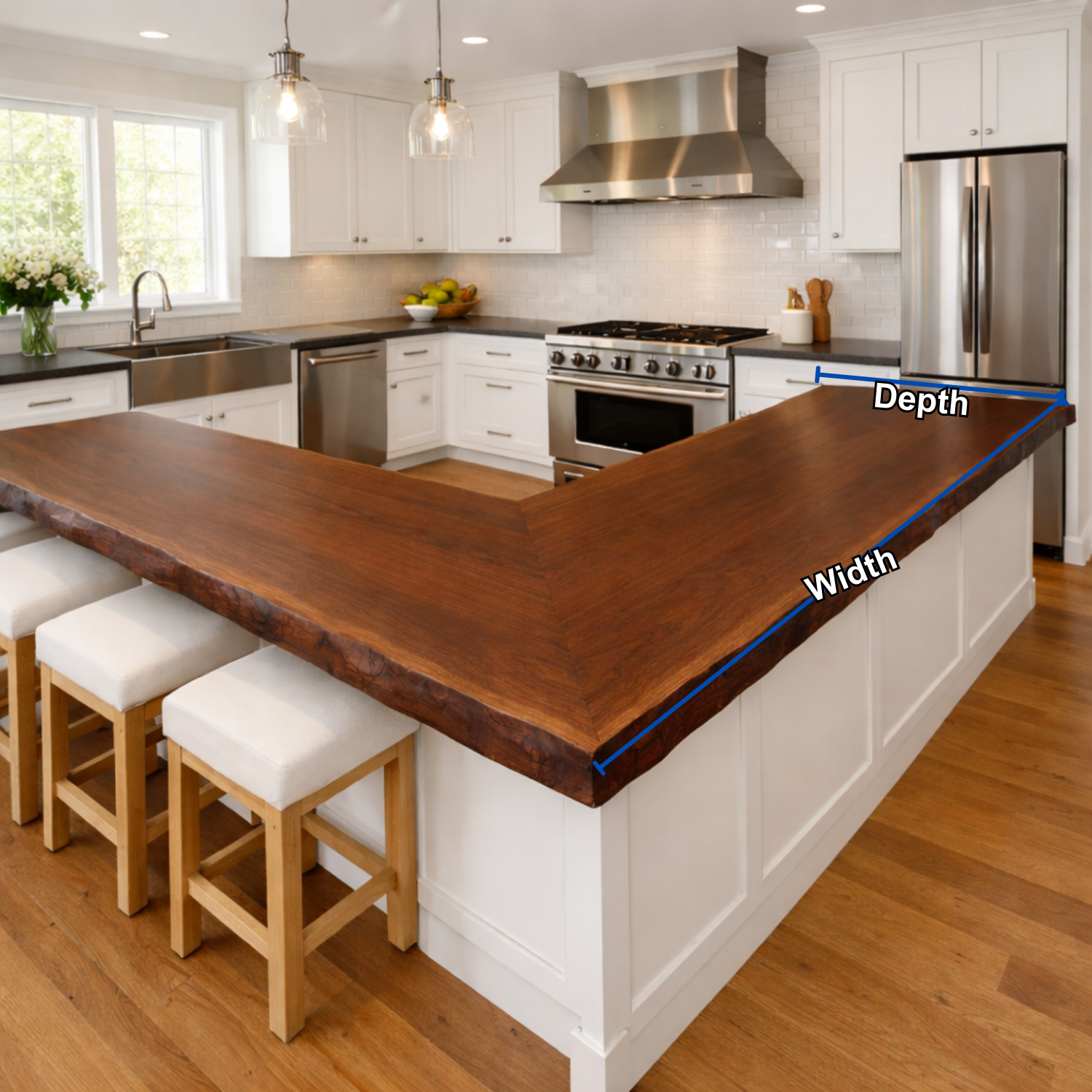 Solid Wood Live Edge Kitchen Countertop – L-Shaped Island Bar Top
