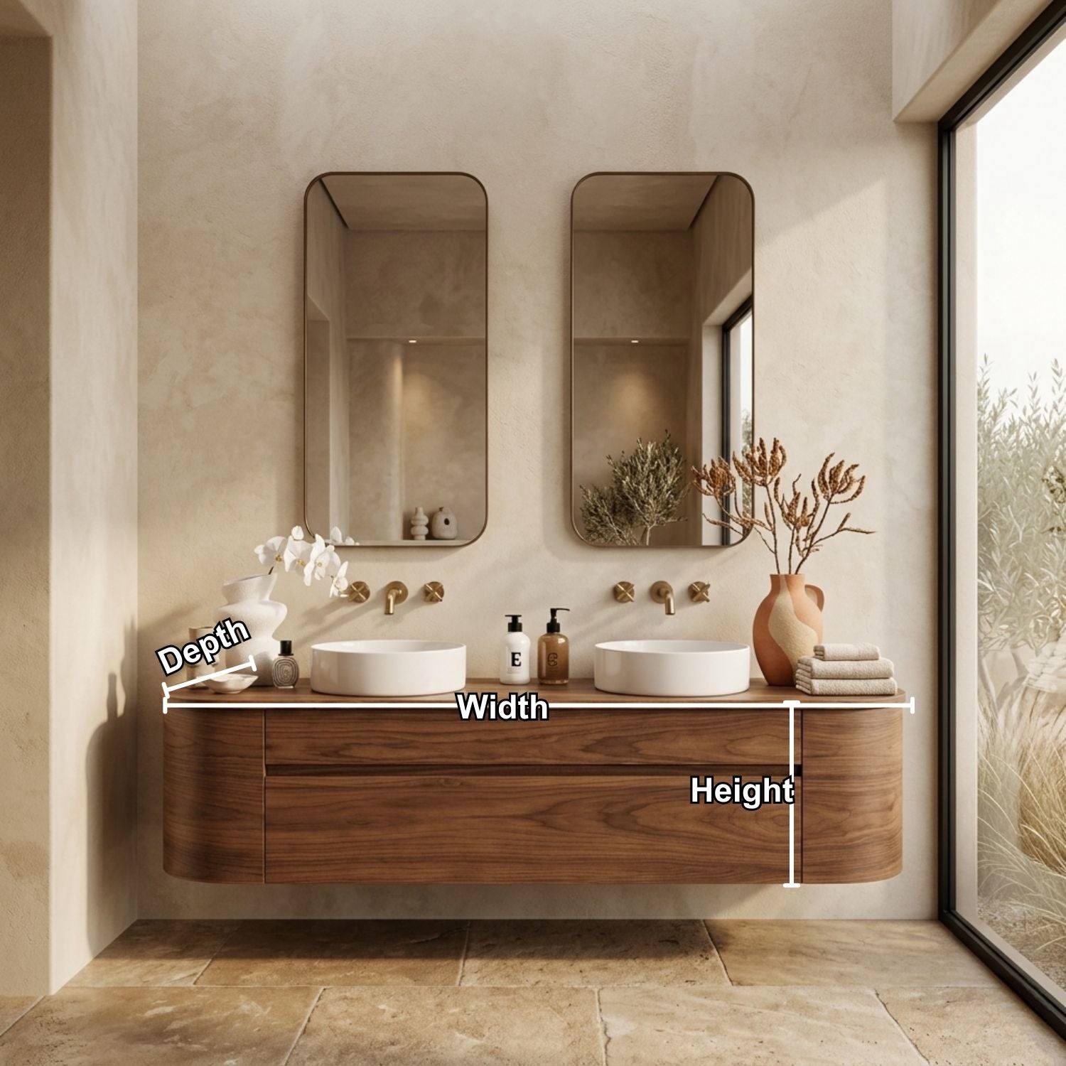 Handcrafted Wood Floating Double Vanity - Solid Wood Mid-Century Modern Bathroom Cabinet