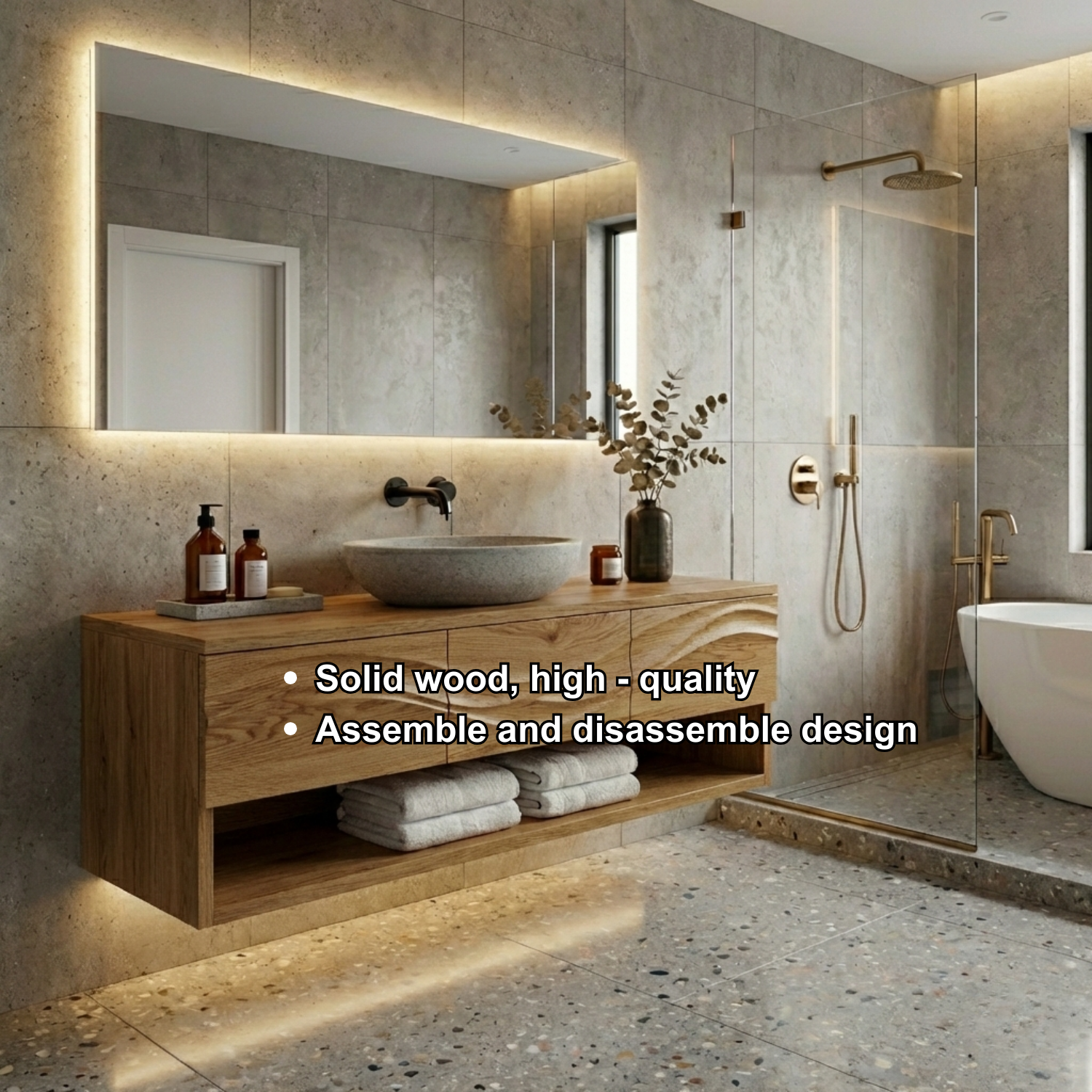 Floating Solid Wood Bathroom Vanity with Wave Design and Open Shelf Storage
