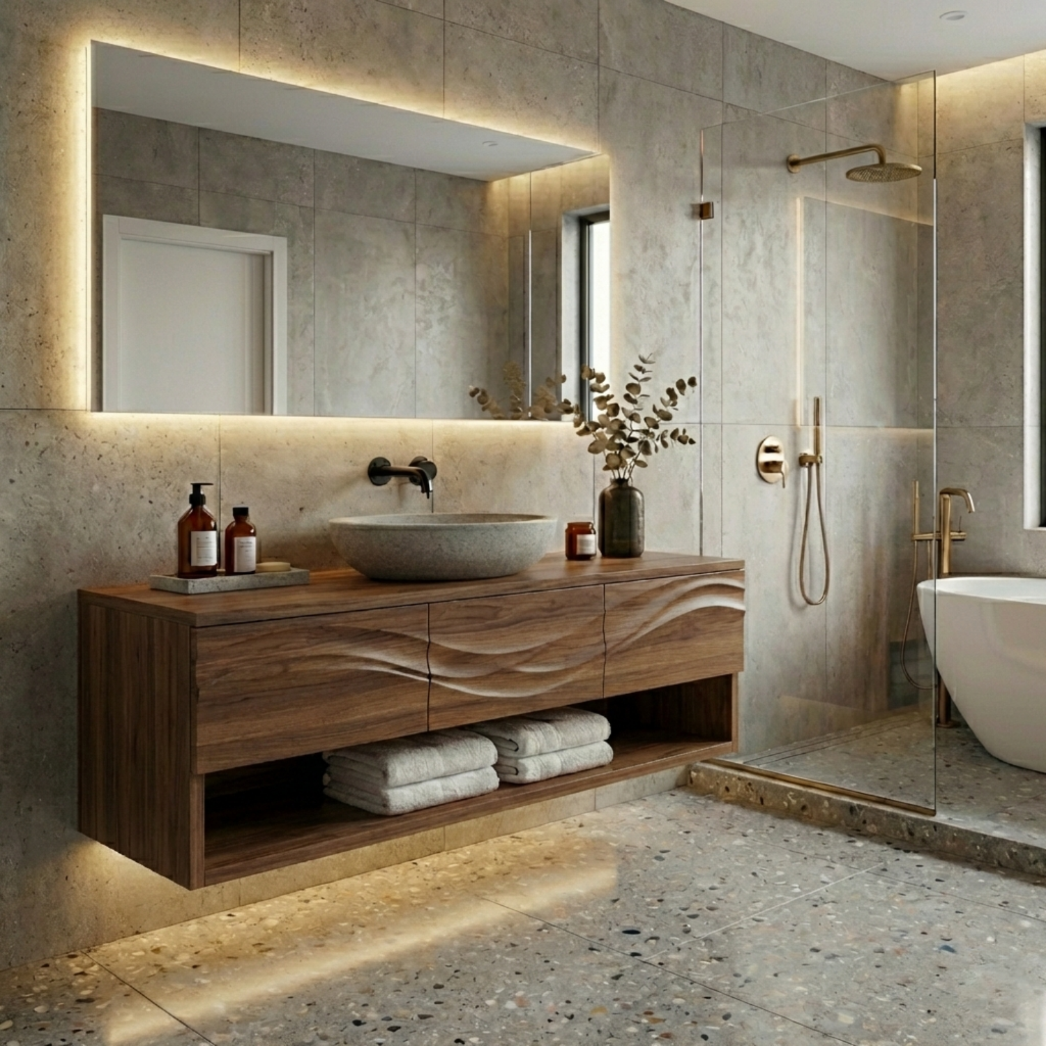 Floating Solid Wood Bathroom Vanity with Wave Design and Open Shelf Storage