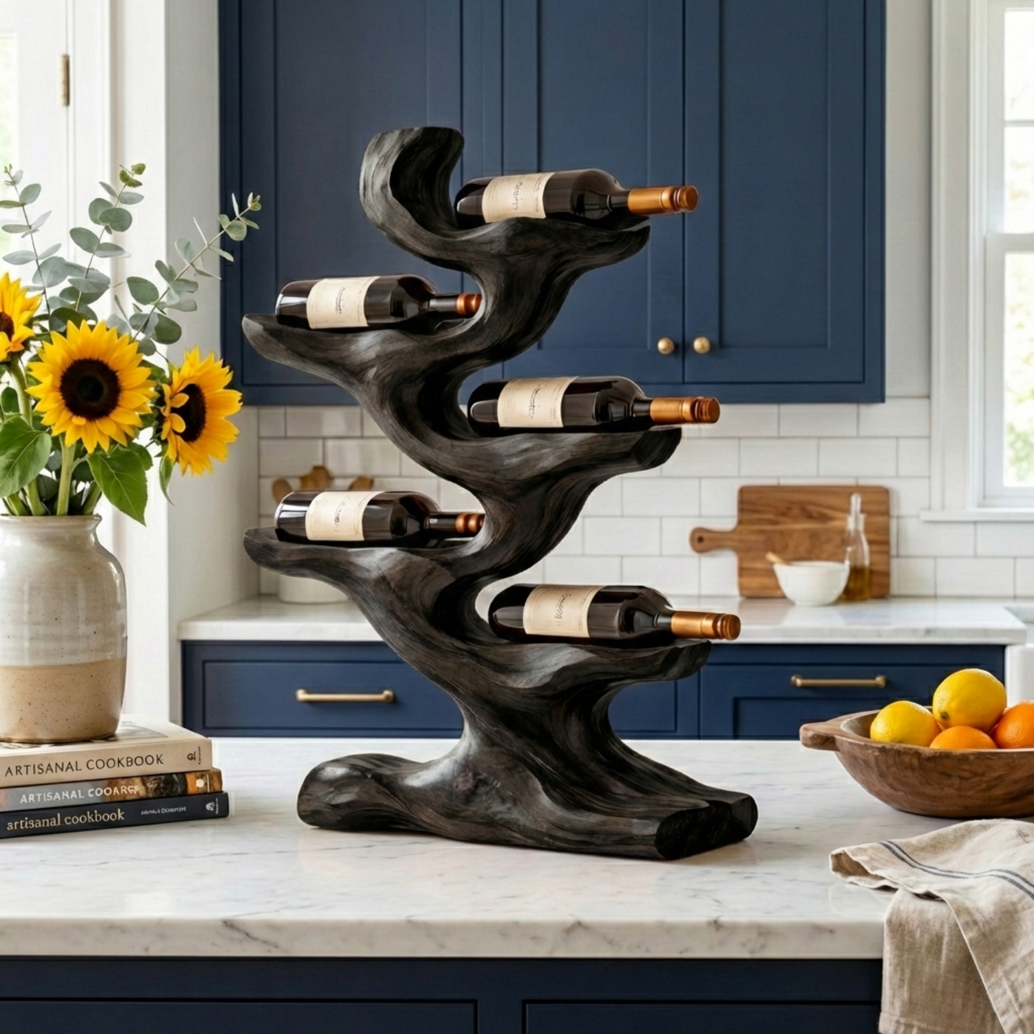 Handcrafted Solid Wood Wine Holder – Sculptural Tree Countertop Wine Rack