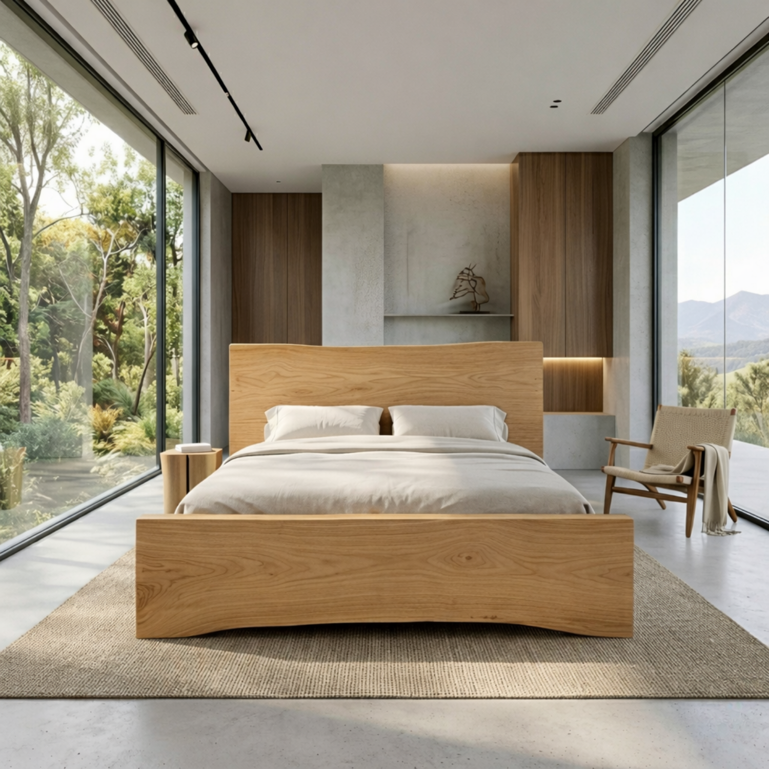 Curved Solid Wood Platform Bed Frame with Sculpted Footboard Design
