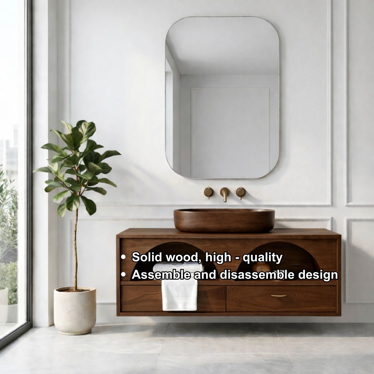 Handcrafted Arch Design Floating Vanity - Solid Wood Mid-Century Modern Bathroom Cabinet