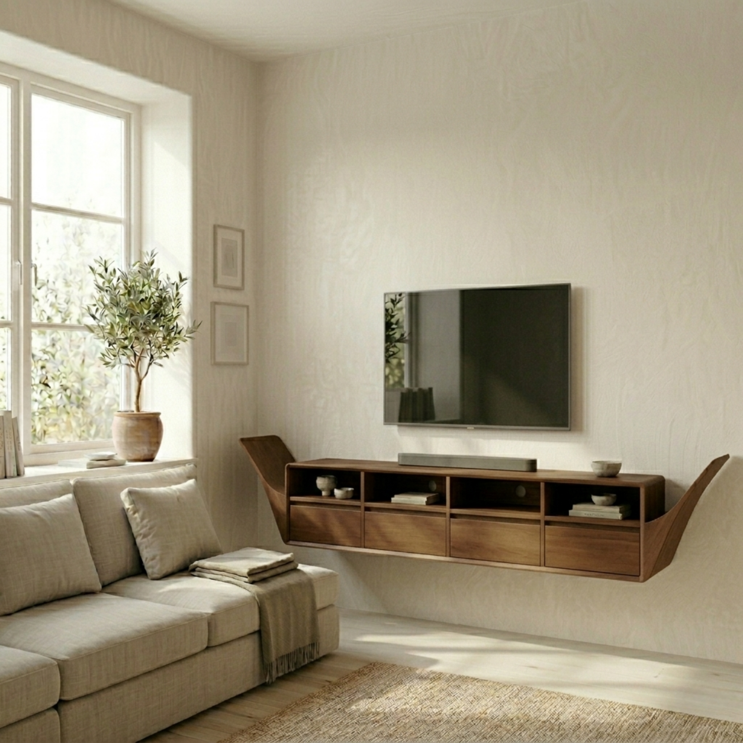 Floating Solid Wood TV Stand with Open Shelves and Drawers – Wall Mounted Media Console