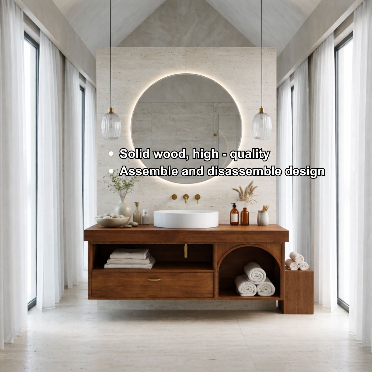 Floating Bathroom Vanity with Open Shelf & Arch Towel Niche – Modern Solid Wood