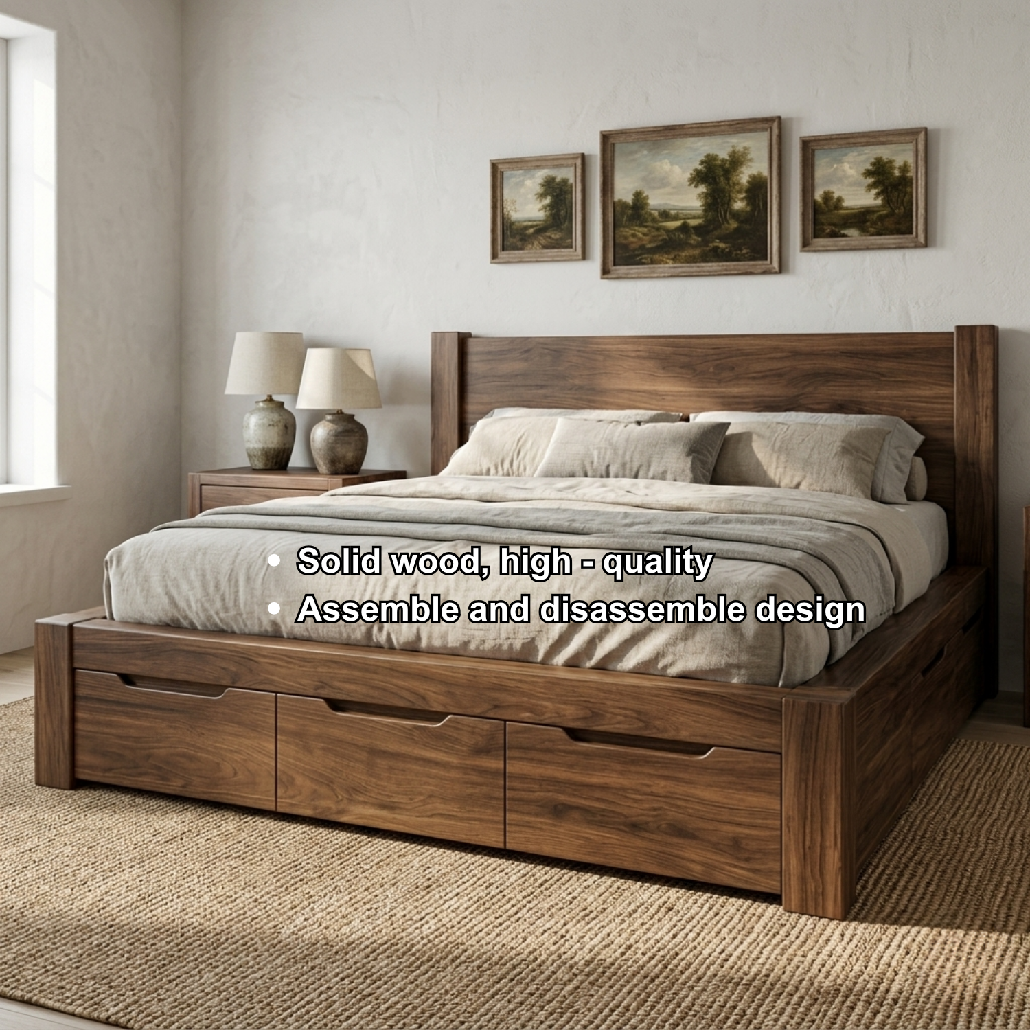 Solid Wood Platform Bed Frame with Underbed Storage Drawers and Panel Headboard