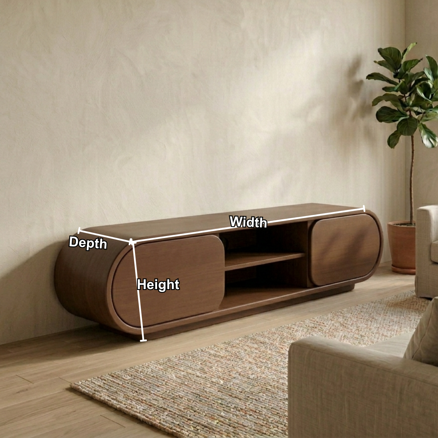 Solid Wood TV Stand with Curved Cabinet Doors and Open Shelf – Modern Media Console