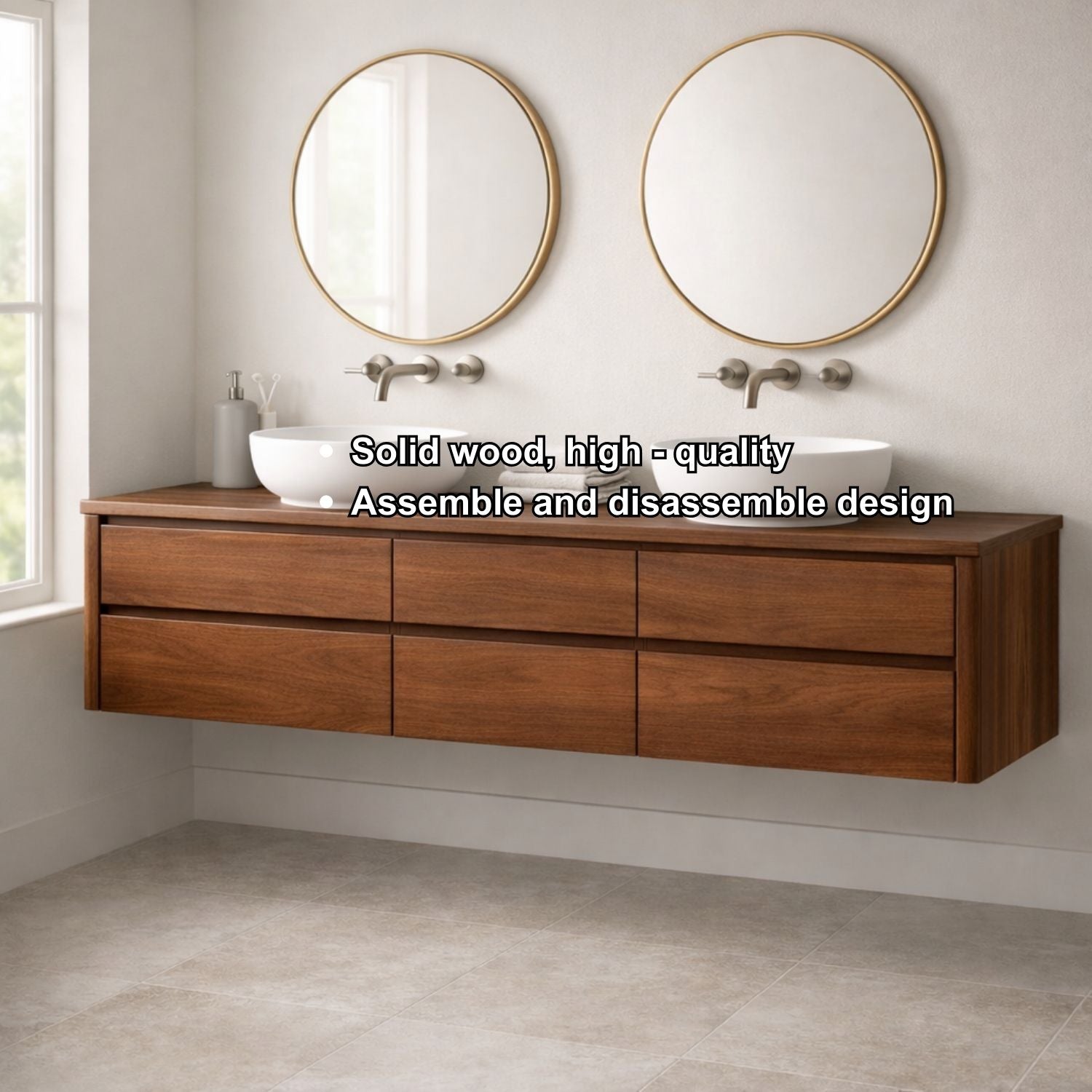 Handcrafted 6-Drawer Floating Double Vanity - Solid Wood Modern Bathroom Cabinet