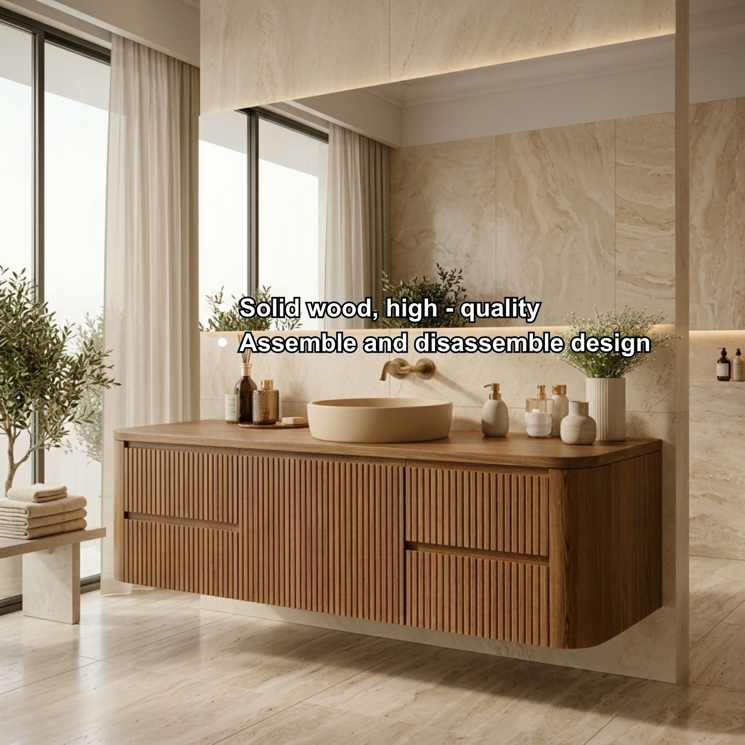 Floating Bathroom Vanity with Ribbed Design and Spacious Drawers – Handcrafted Solid Wood