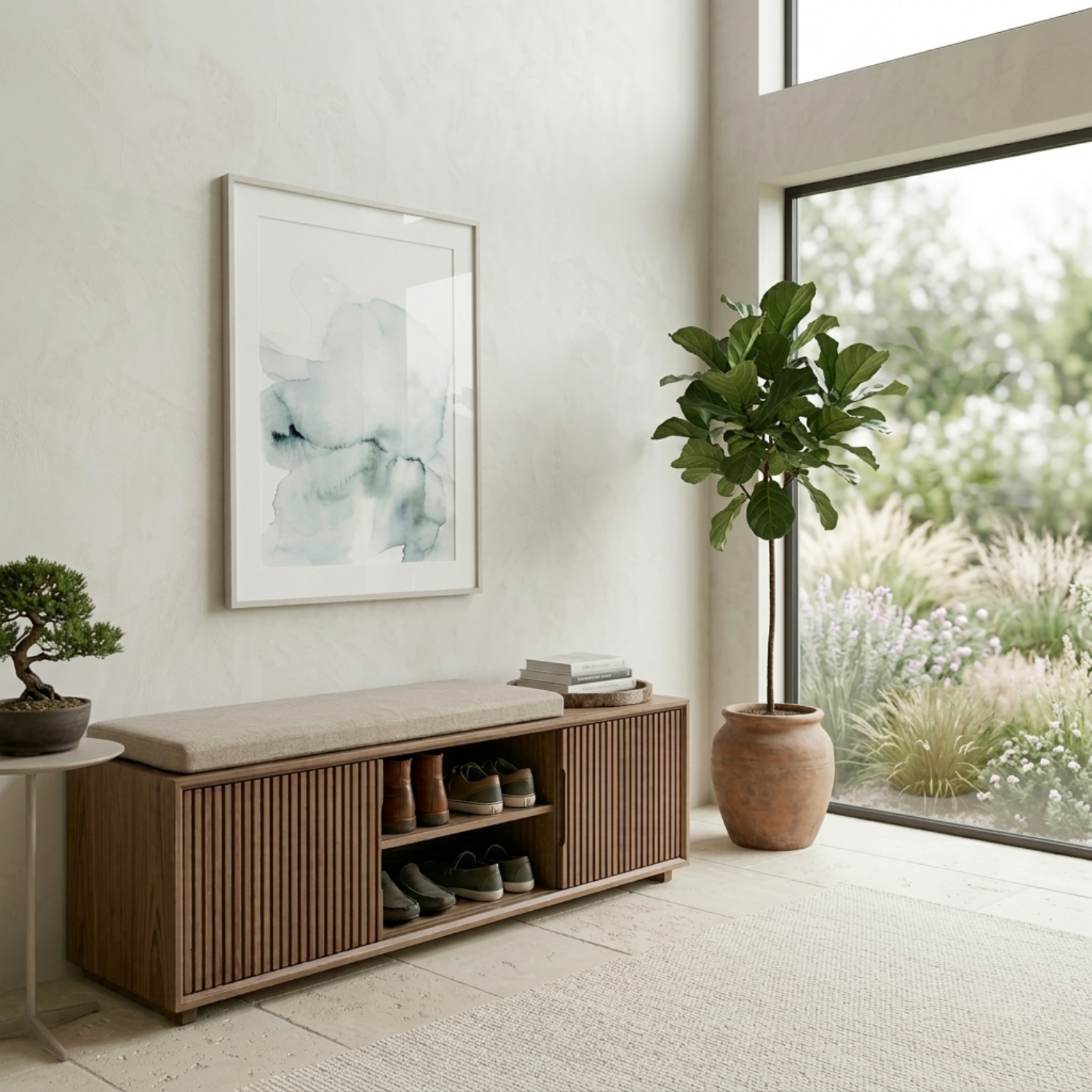 Solid Wood Shoe Storage Bench with Slatted Doors & Open Shelf – Modern Entryway Bench