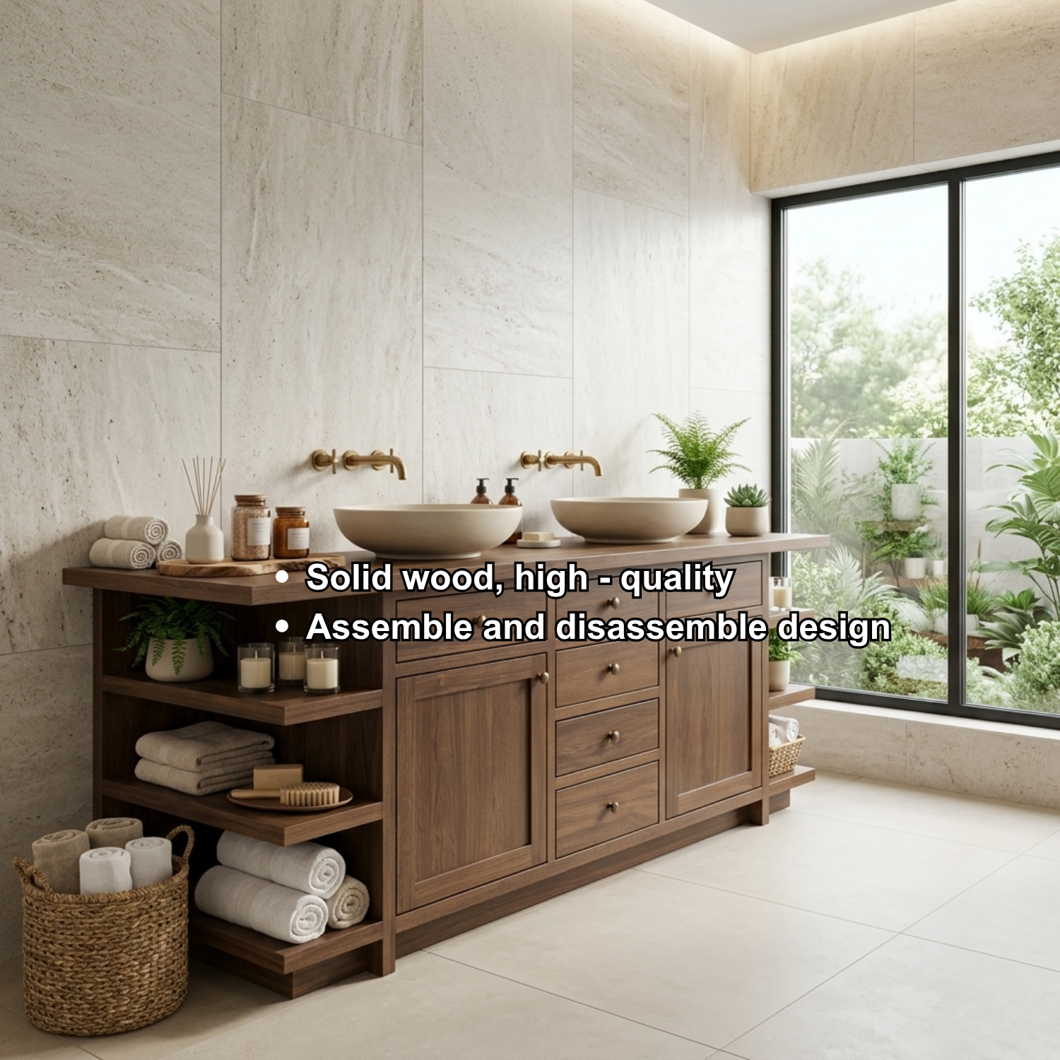Double Solid Wood Bathroom Vanity - Handcrafted Farmhouse Cabinet with Side Shelves