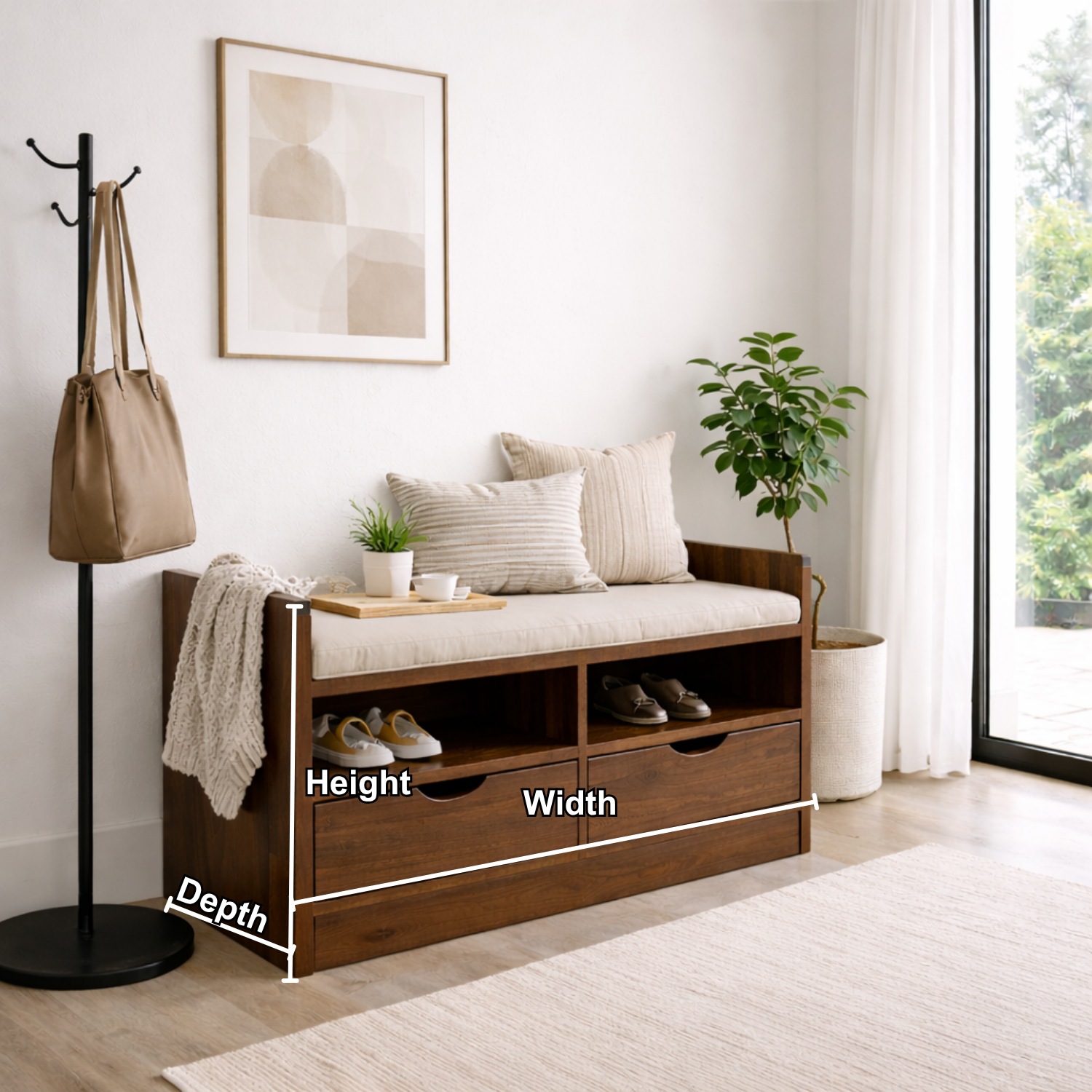 Solid Wood Storage Bench with Drawers & Open Shelf Entryway Shoe Organizer
