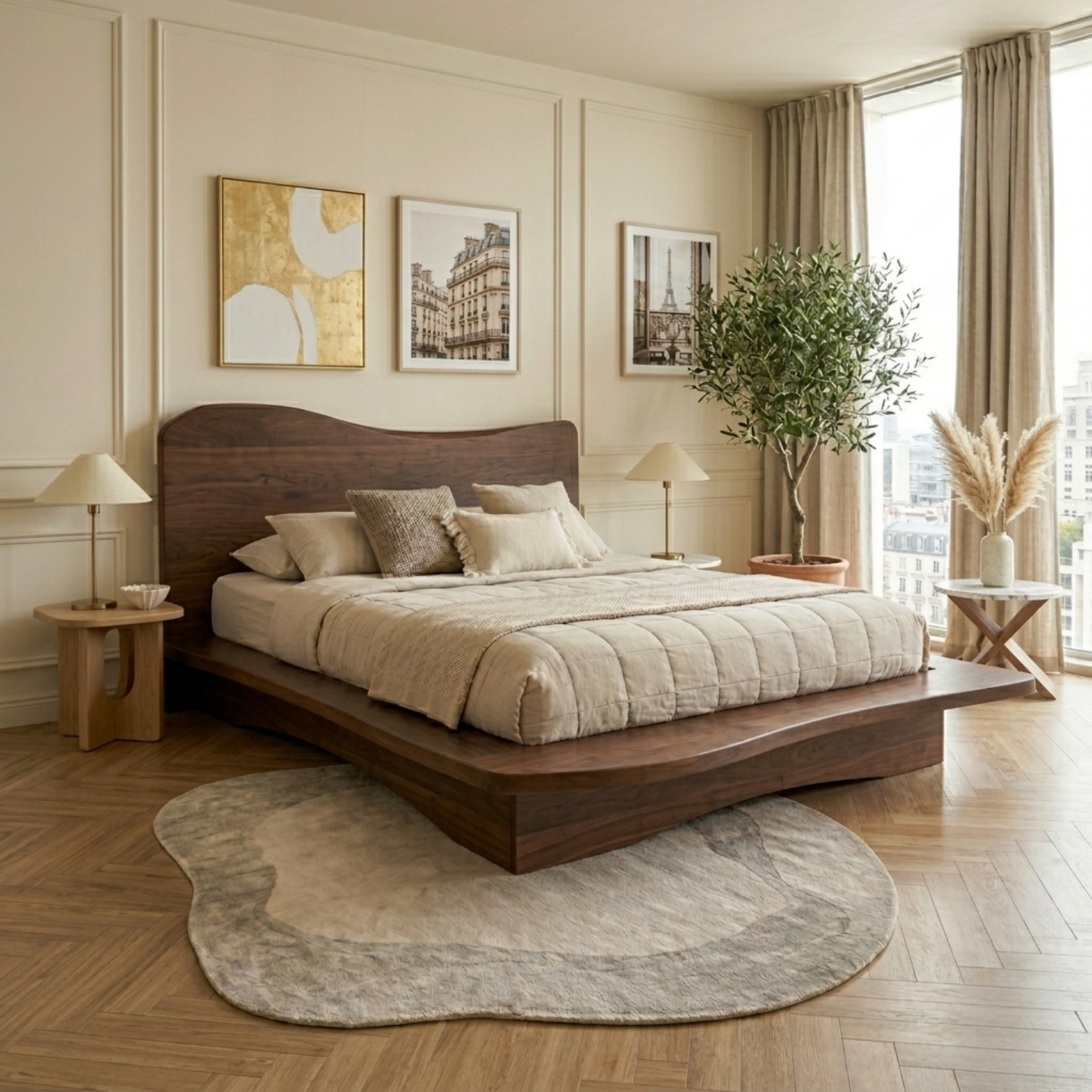 Solid Wood Platform Bed Frame with Sculpted Wave Headboard and Floating Base