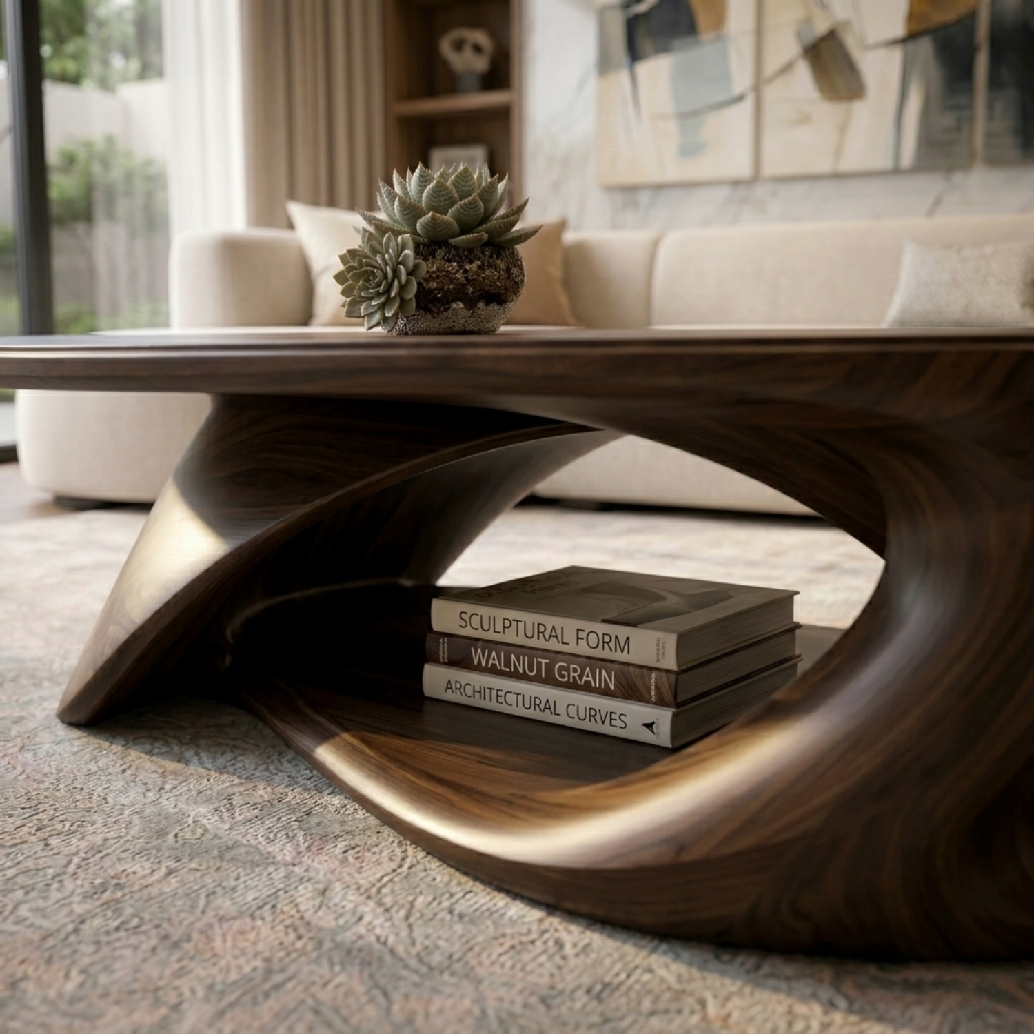 Solid Wood Oval Coffee Table with Sculptural Base – Modern Living Room Center Table