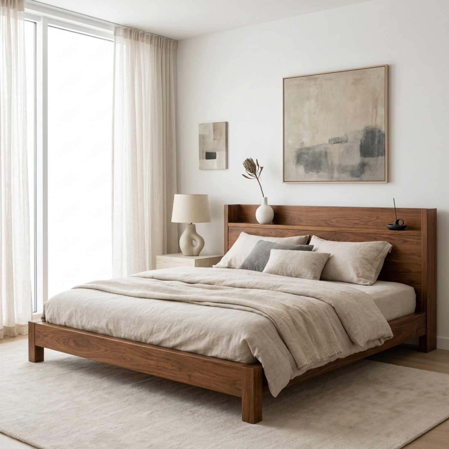 Scandinavian Style Solid Wood Platform Bed Frame with Minimalist Headboard Shelf