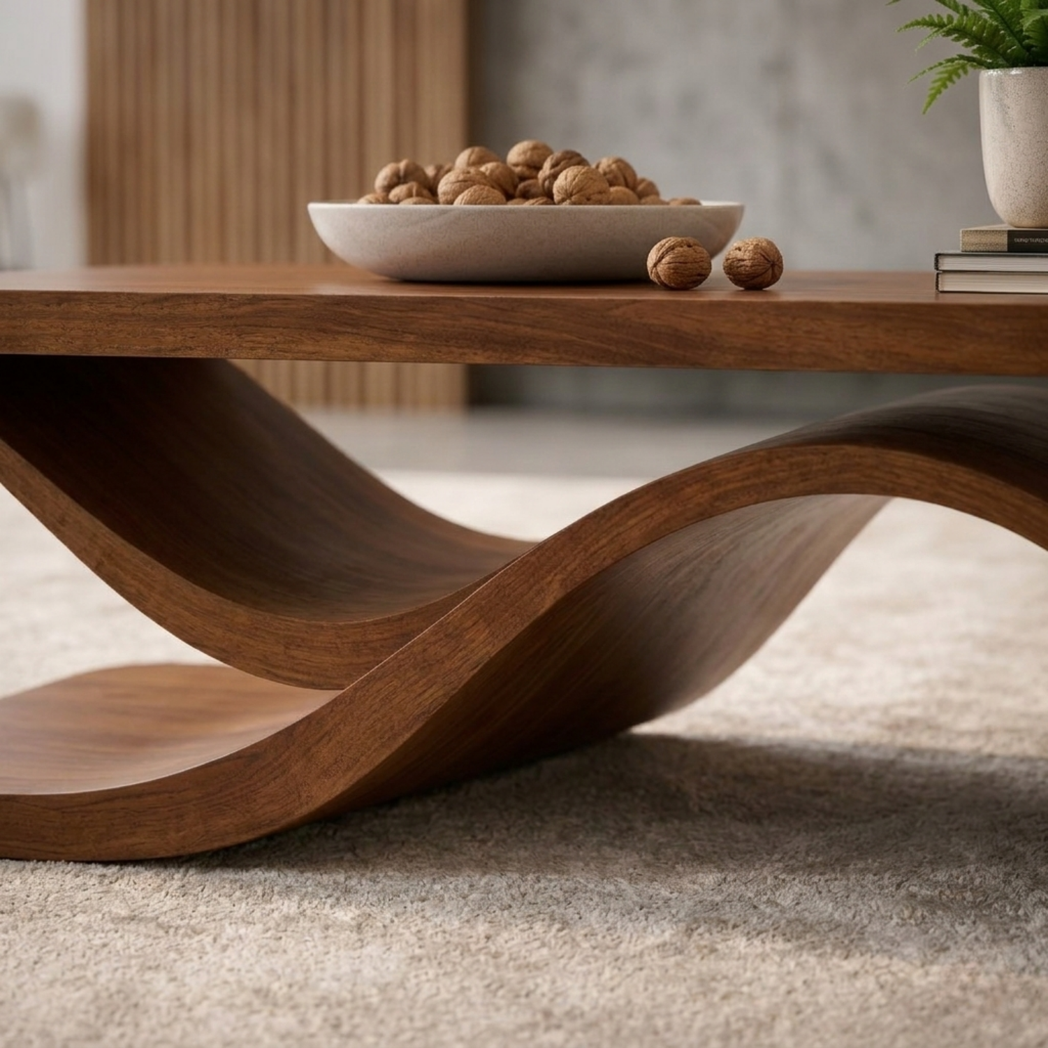 Solid Wood Coffee Table with Wave Sculptural Base – Modern Designer Living Room Table