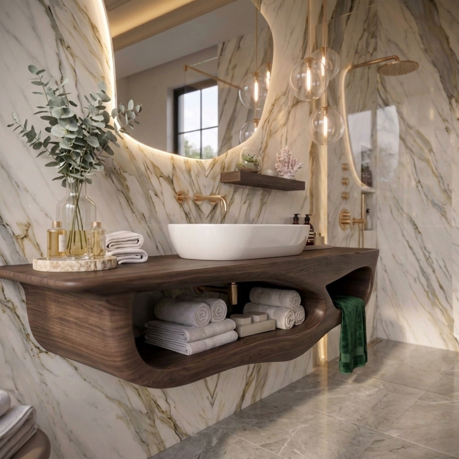 Solid Wood Floating Bathroom Vanity with Curved Shelf – Modern Wall Mounted Vanity