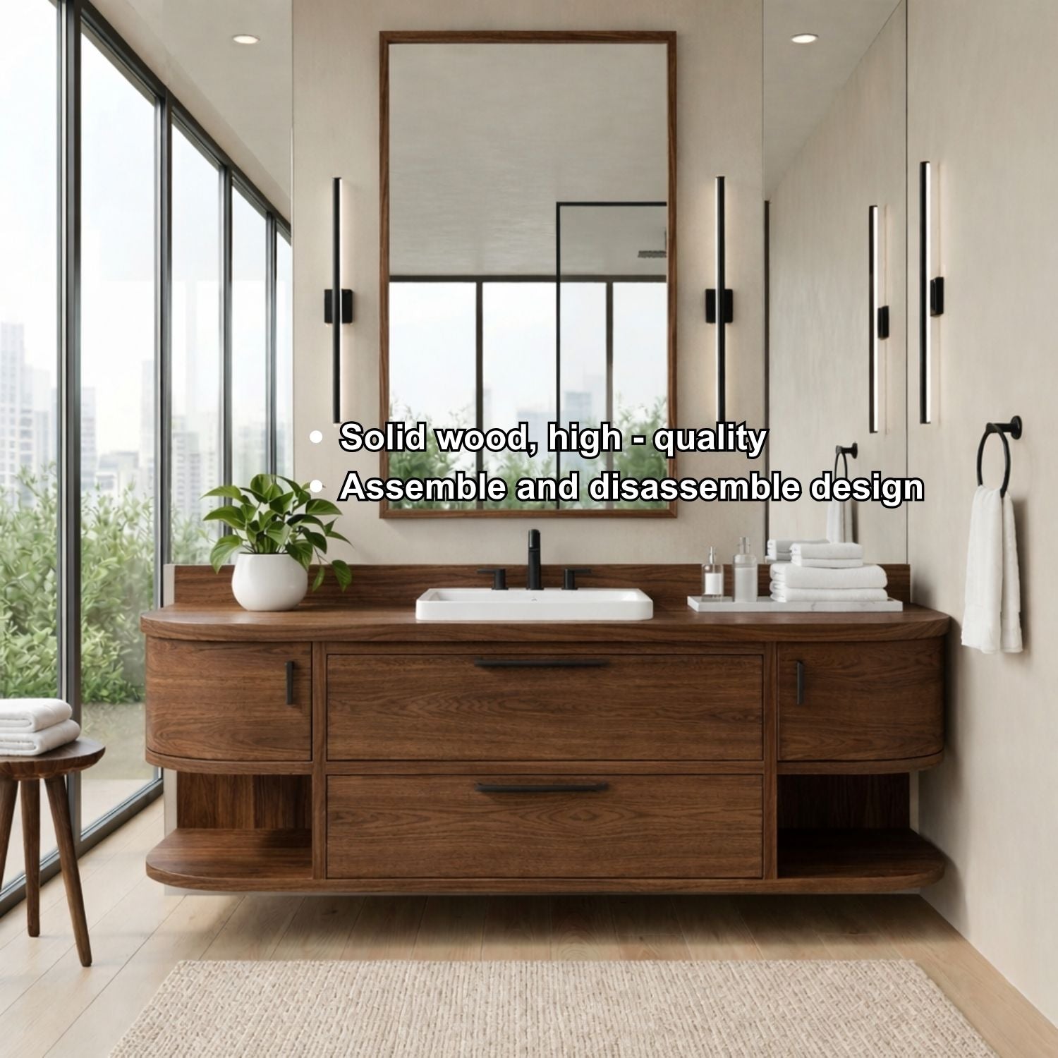 Handcrafted Floating Vanity with Open Shelving - Solid Wood Curved Bathroom Cabinet