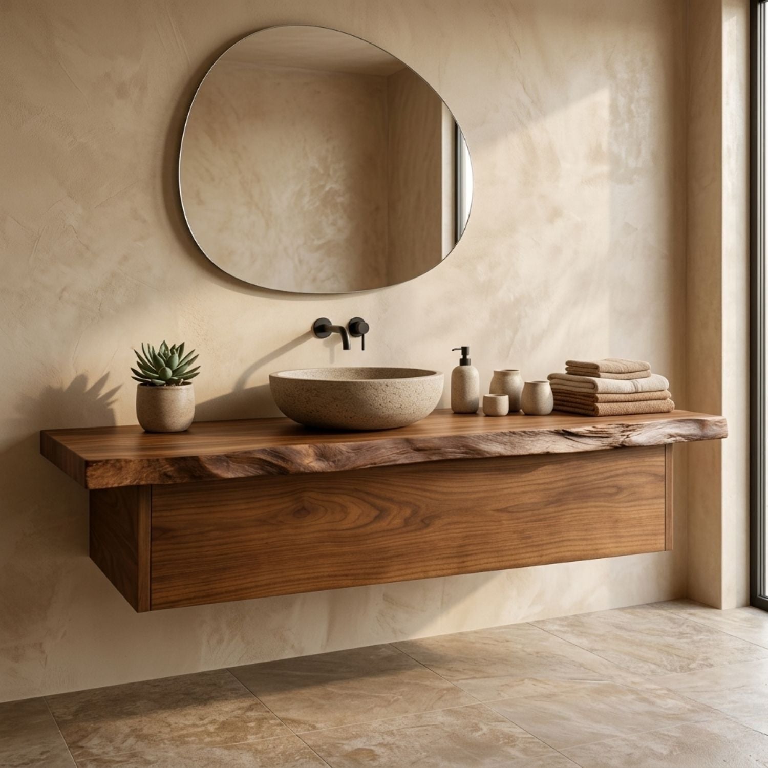 Floating Bathroom Vanity with Live Edge Wood Countertop and Minimalist Cabinet