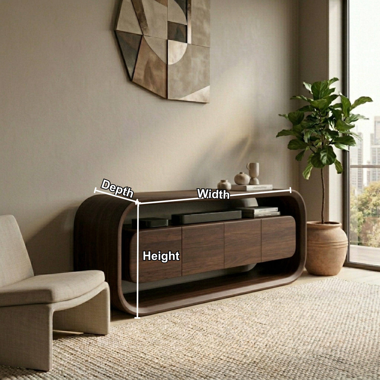 Solid Wood TV Stand with Sculpted Rounded Frame and Floating Cabinet Storage