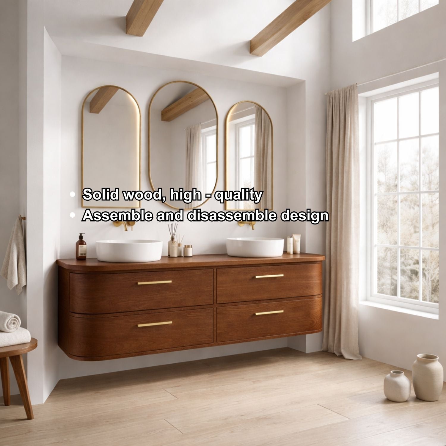 Handcrafted Curved Floating Double Vanity - Solid Wood Luxury Bathroom Cabinet
