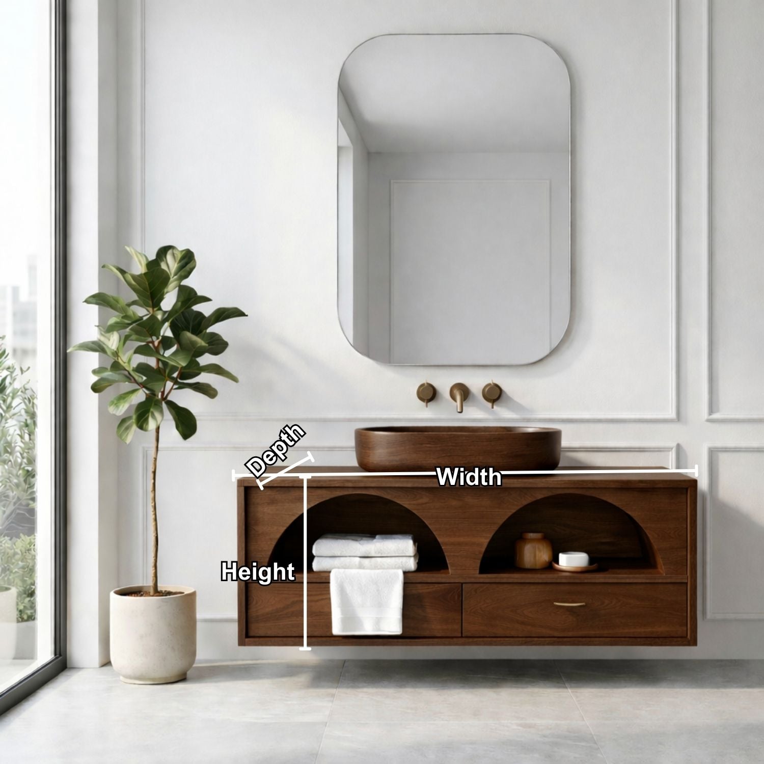 Handcrafted Arch Design Floating Vanity - Solid Wood Mid-Century Modern Bathroom Cabinet