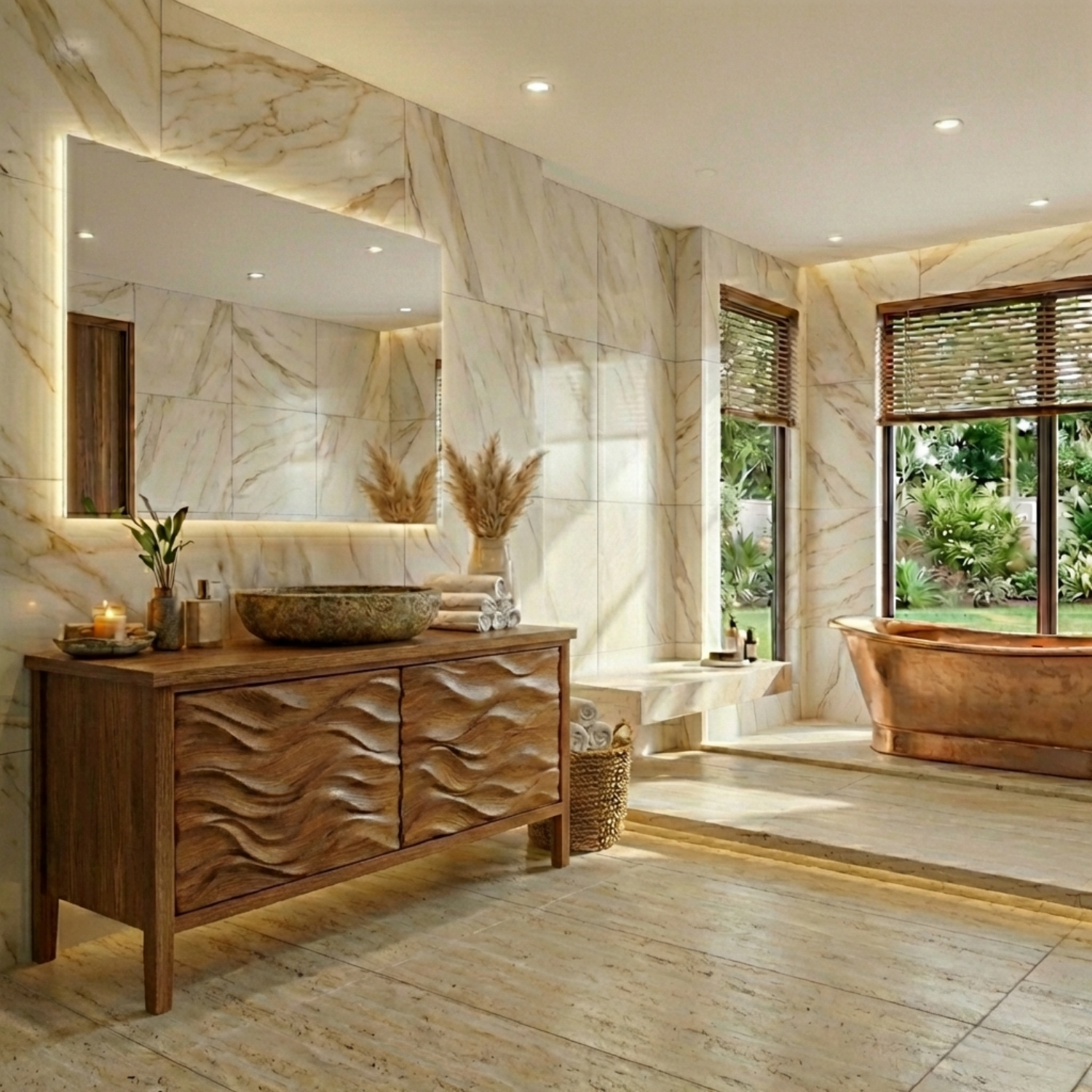 Freestanding Solid Wood Bathroom Vanity with Carved Wave Doors