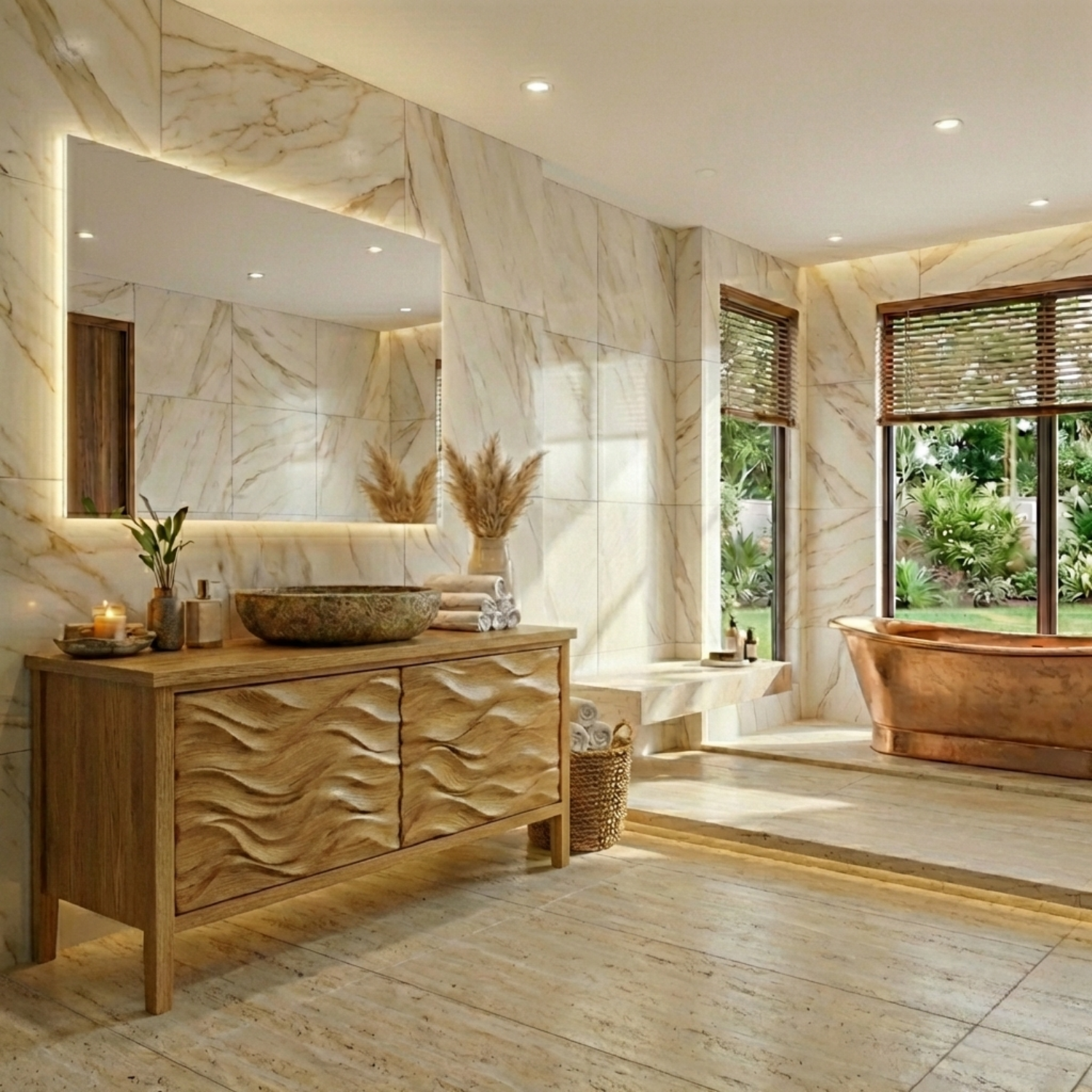 Freestanding Solid Wood Bathroom Vanity with Carved Wave Doors