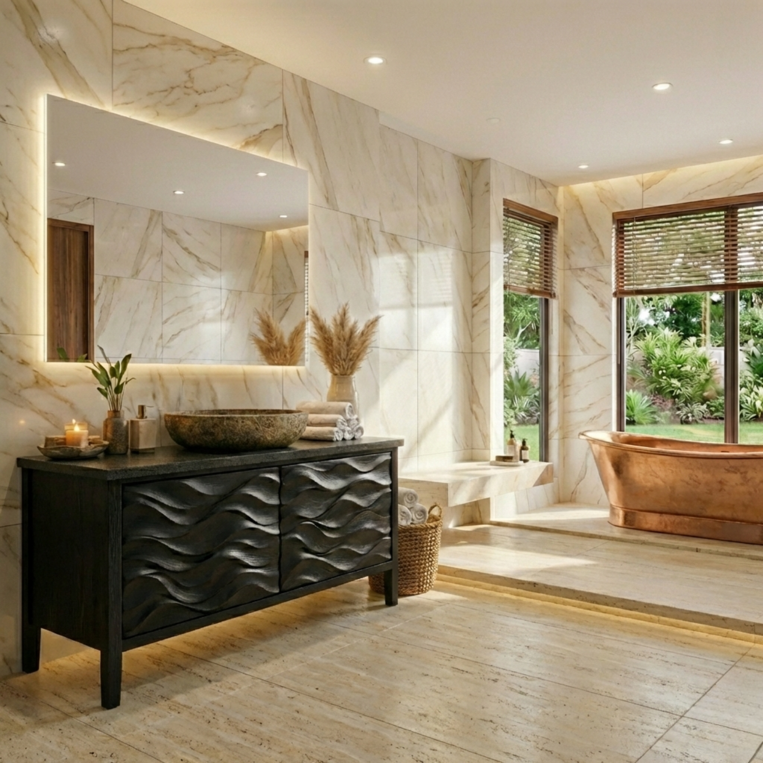 Freestanding Solid Wood Bathroom Vanity with Carved Wave Doors