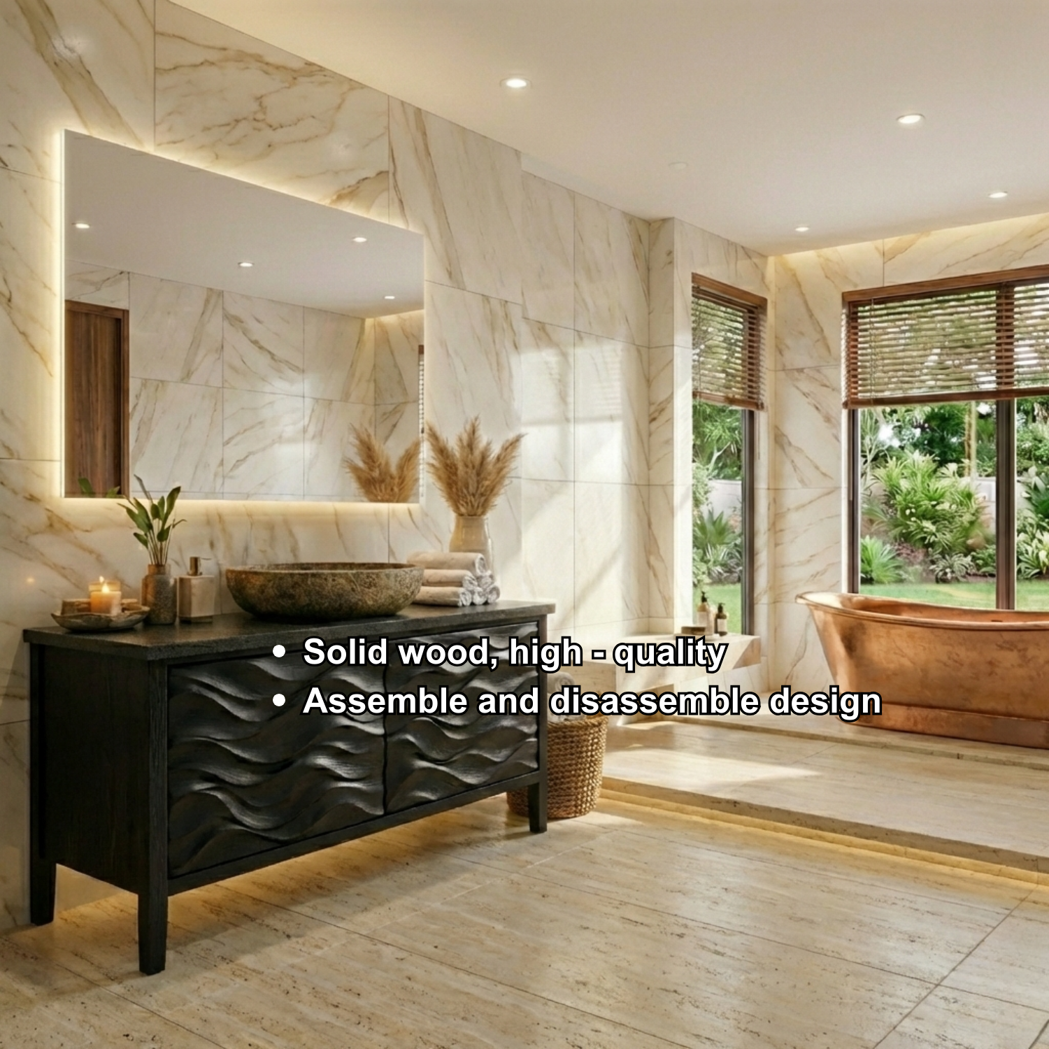 Freestanding Solid Wood Bathroom Vanity with Carved Wave Doors