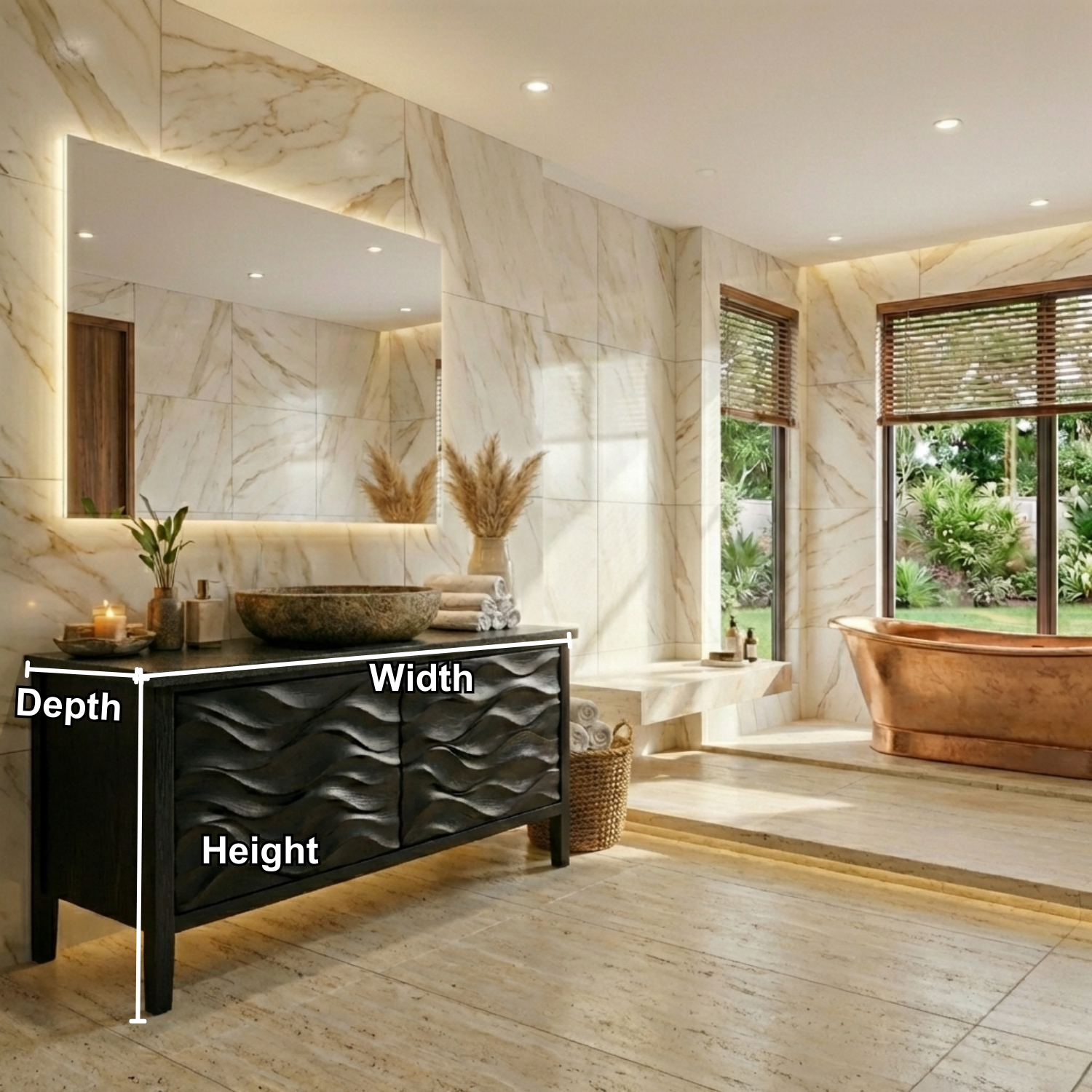 Freestanding Solid Wood Bathroom Vanity with Carved Wave Doors