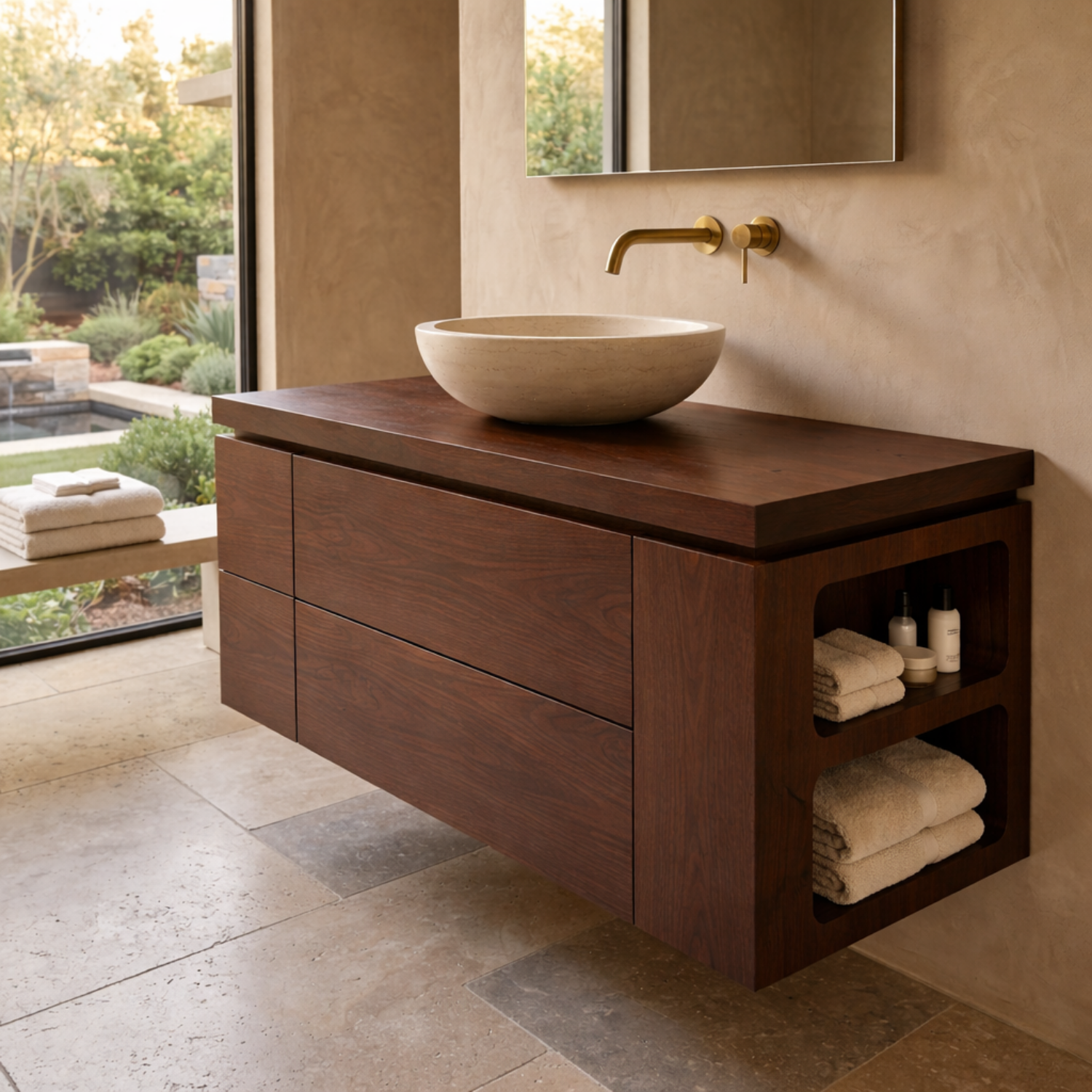 Floating Solid Wood Bathroom Vanity with Double Drawers and Integrated Side Open Shelves
