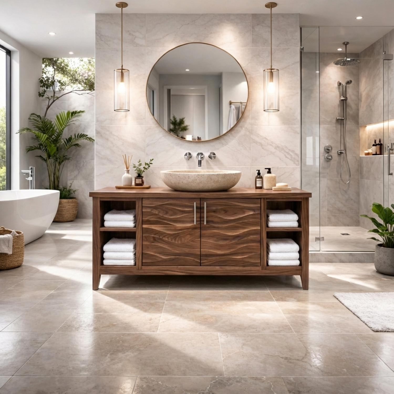 Freestanding Solid Wood Bathroom Vanity with Wave Front and Open Shelf Storage