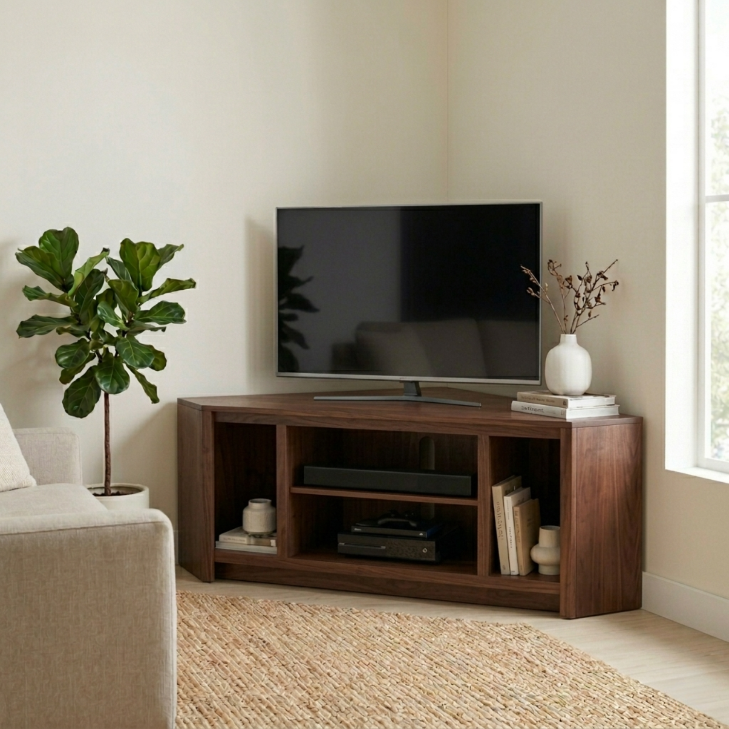 Solid Wood Corner TV Stand with Open Compartments – Modern Corner Media Console