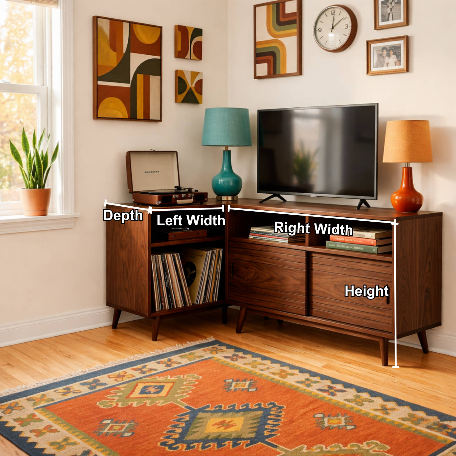 Solid Wood Corner TV Stand with Record Storage, Sliding Door Cabinet and Open Shelves