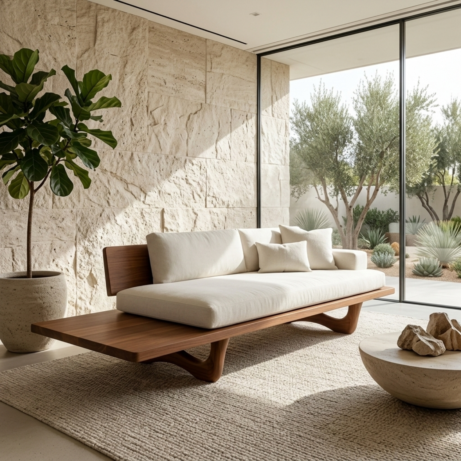 Solid Wood Platform Sofa Frame with Curved Base – Modern Minimalist Wood Sofa