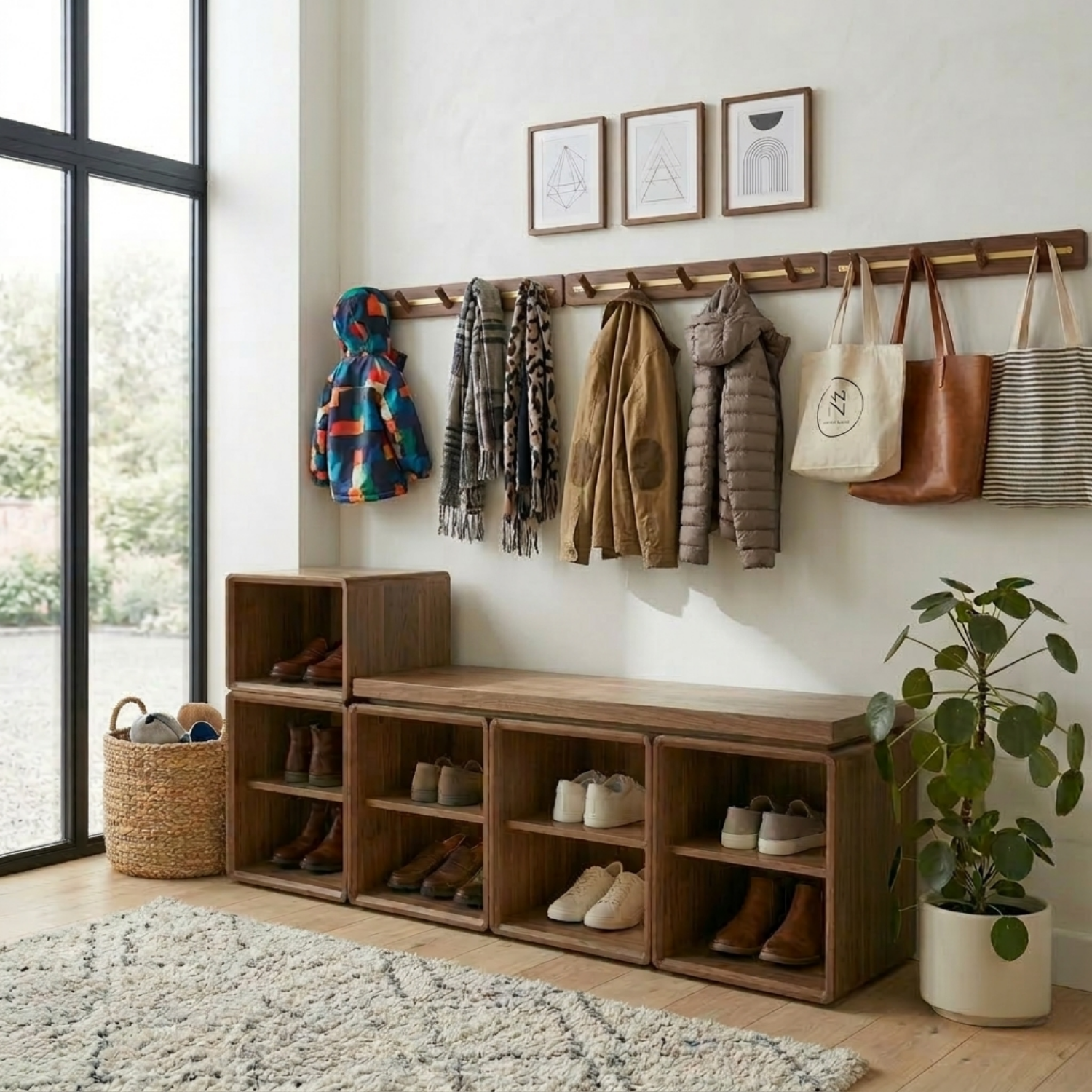 Modular Solid Wood Shoe Storage Bench with Open Cubby Shelves – Entryway Shoe Bench