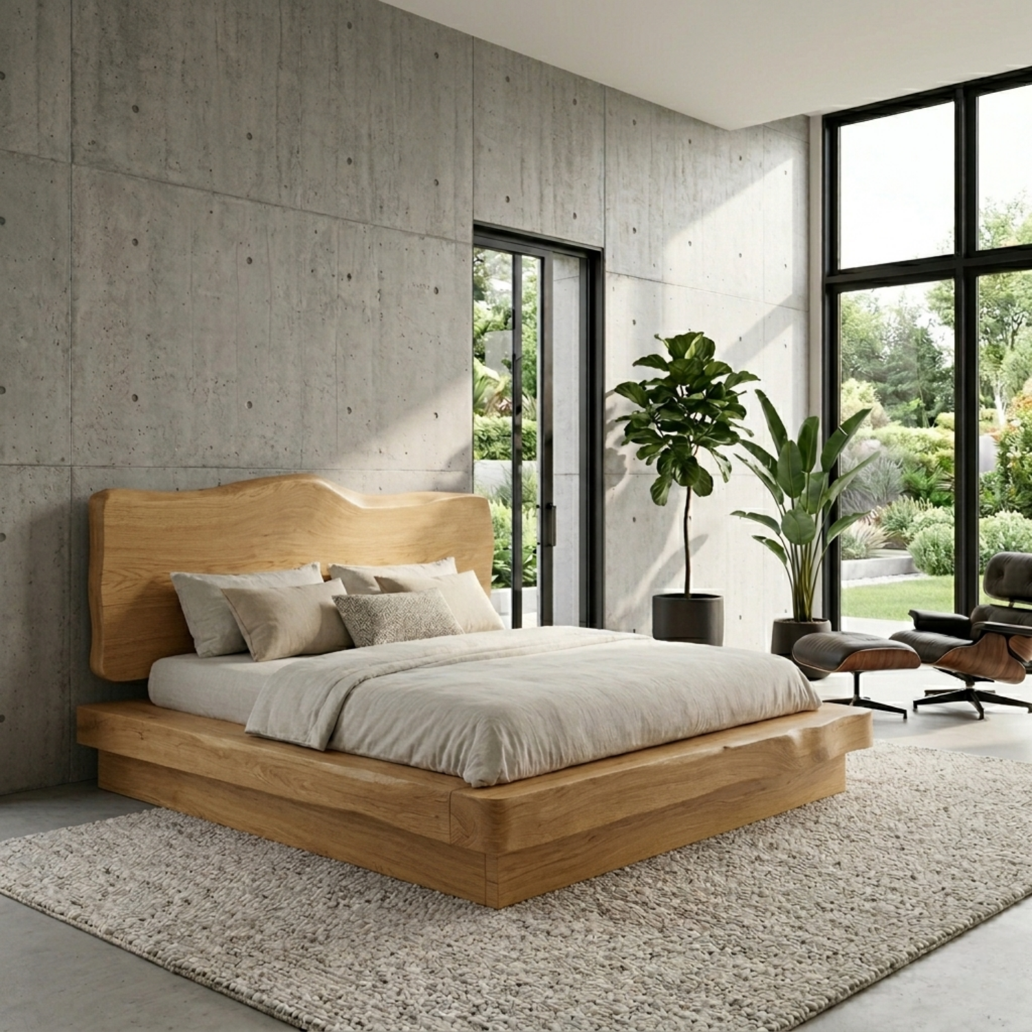 Live Edge Solid Wood Platform Bed Frame with Sculpted Natural Headboard