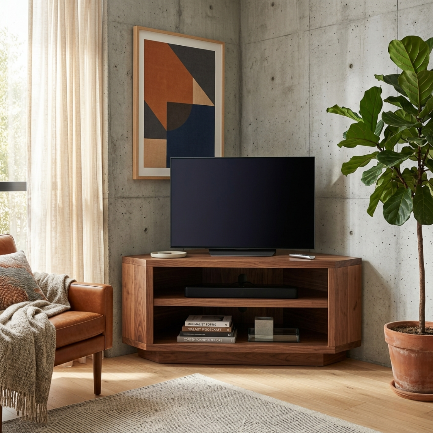 Solid Wood Corner TV Stand with Open Shelving – Space Saving Media Console