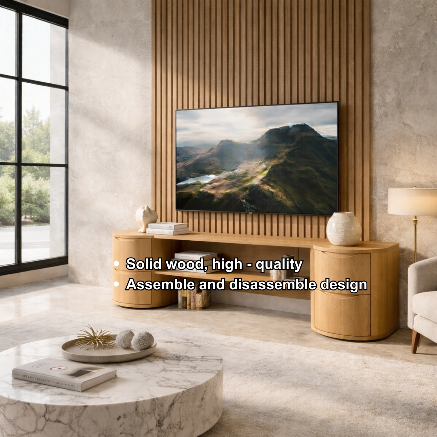 Solid Wood TV Stand with Rounded Drawer Cabinets – Modern Minimalist Media Console