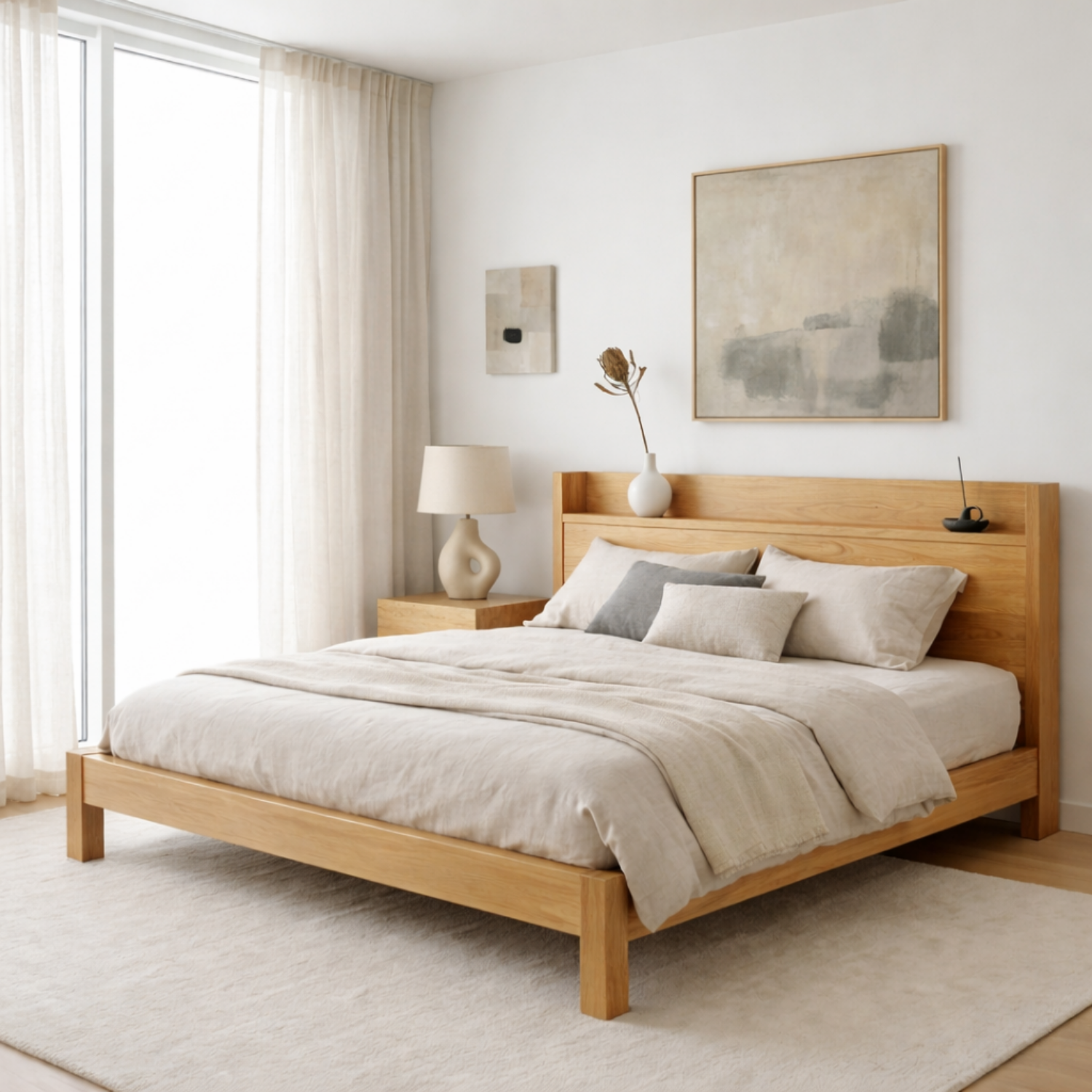 Scandinavian Style Solid Wood Platform Bed Frame with Minimalist Headboard Shelf