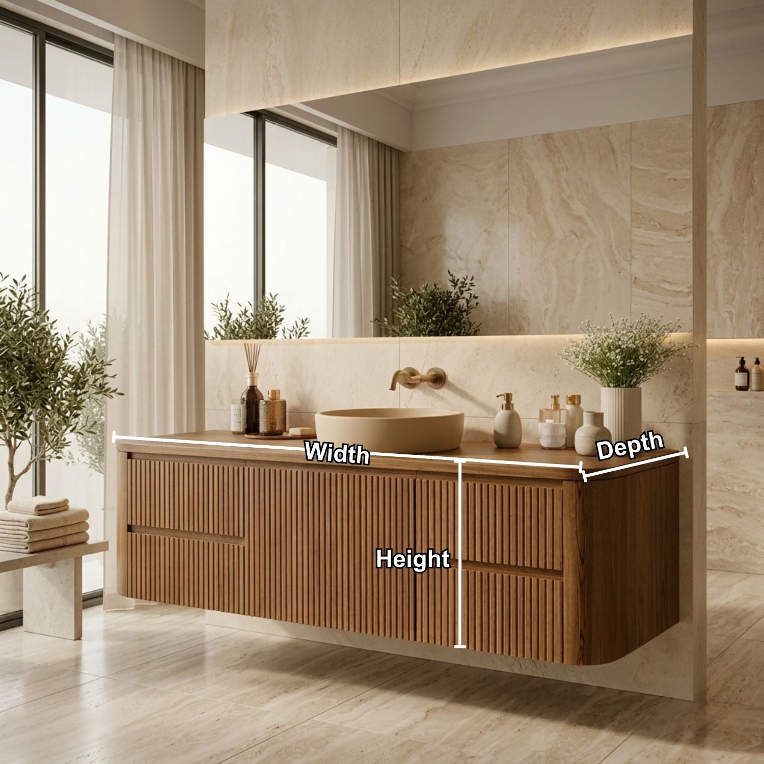 Floating Bathroom Vanity with Ribbed Design and Spacious Drawers – Handcrafted Solid Wood