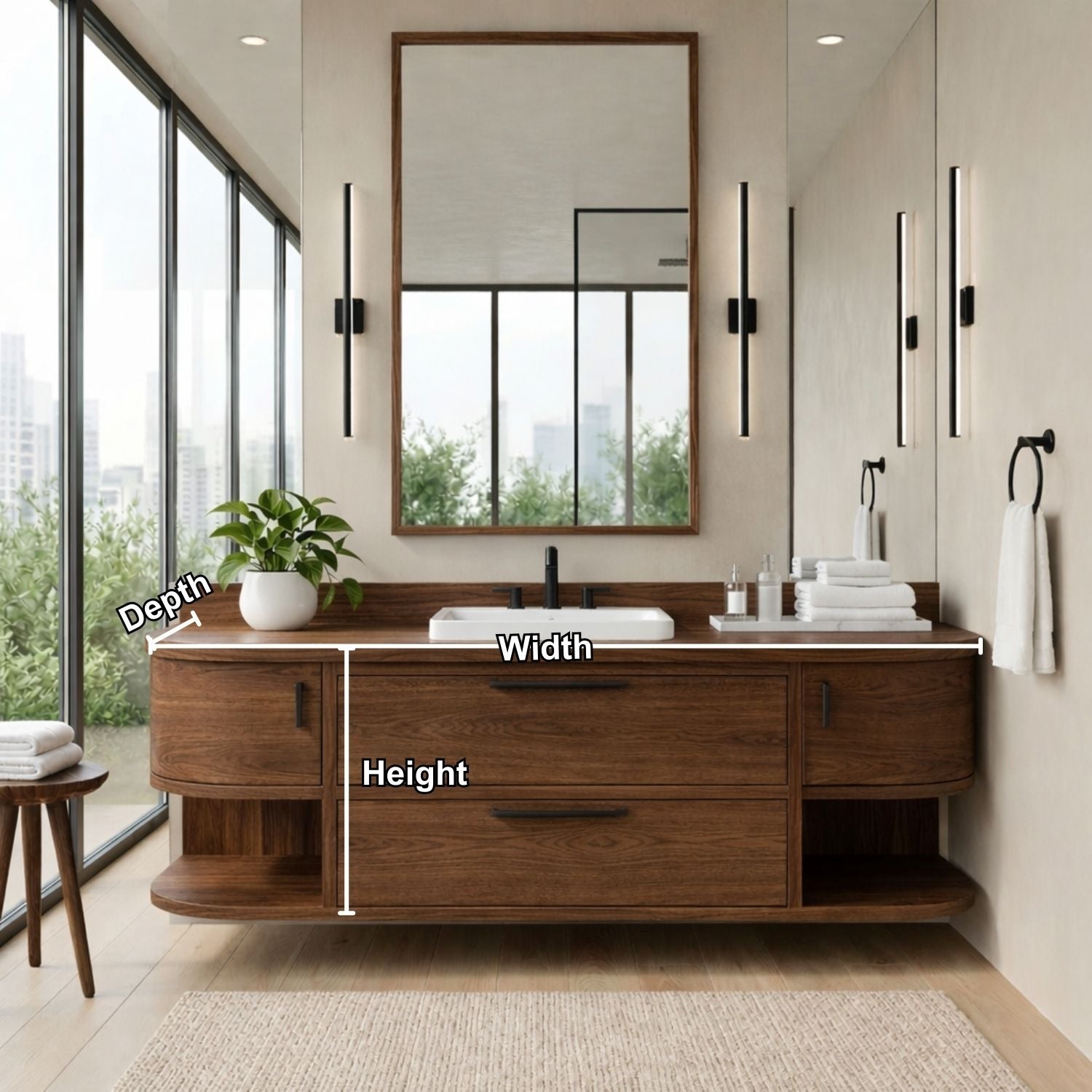 Handcrafted Floating Vanity with Open Shelving - Solid Wood Curved Bathroom Cabinet
