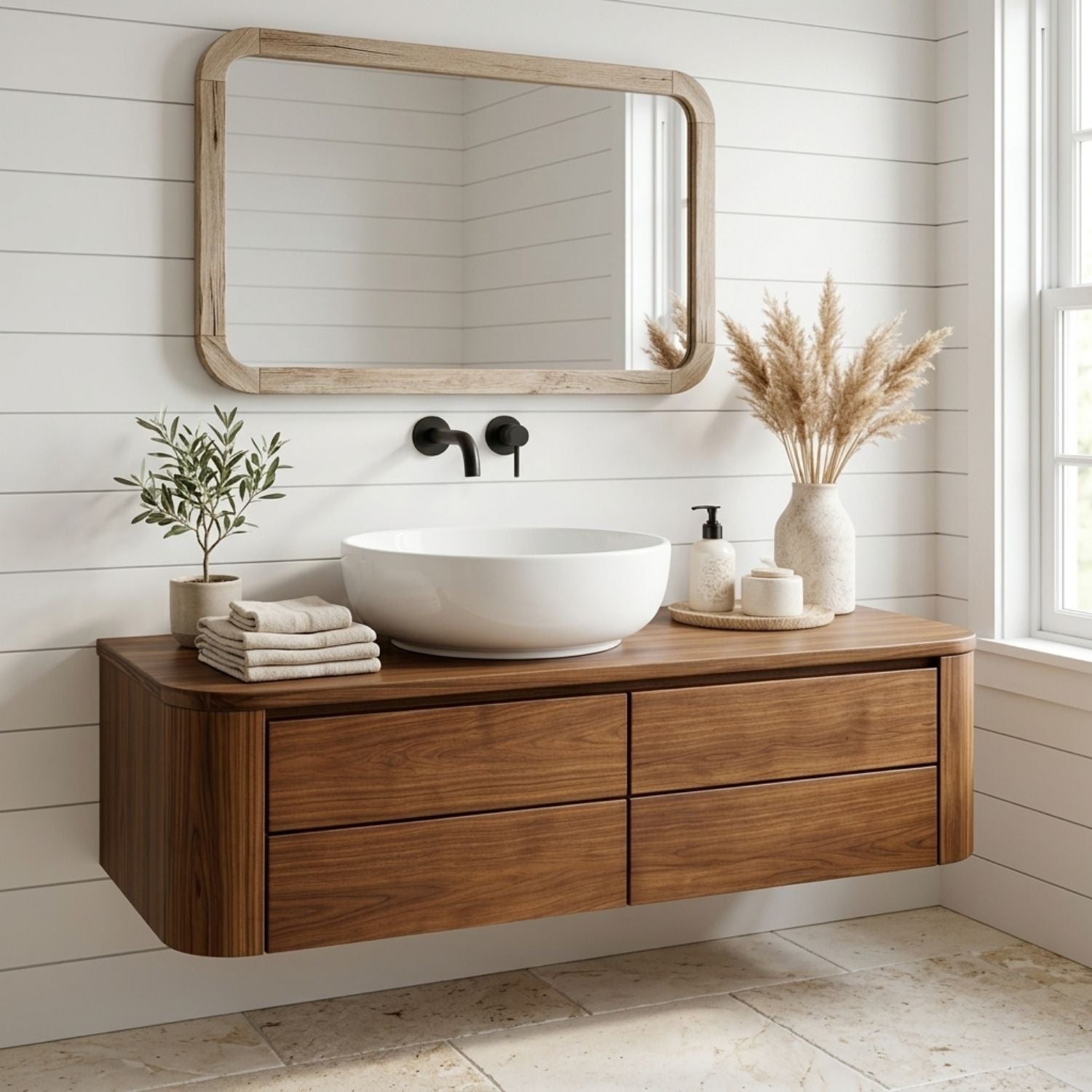 Floating Bathroom Vanity with Rounded Edges and Four Drawer Storage Cabinet