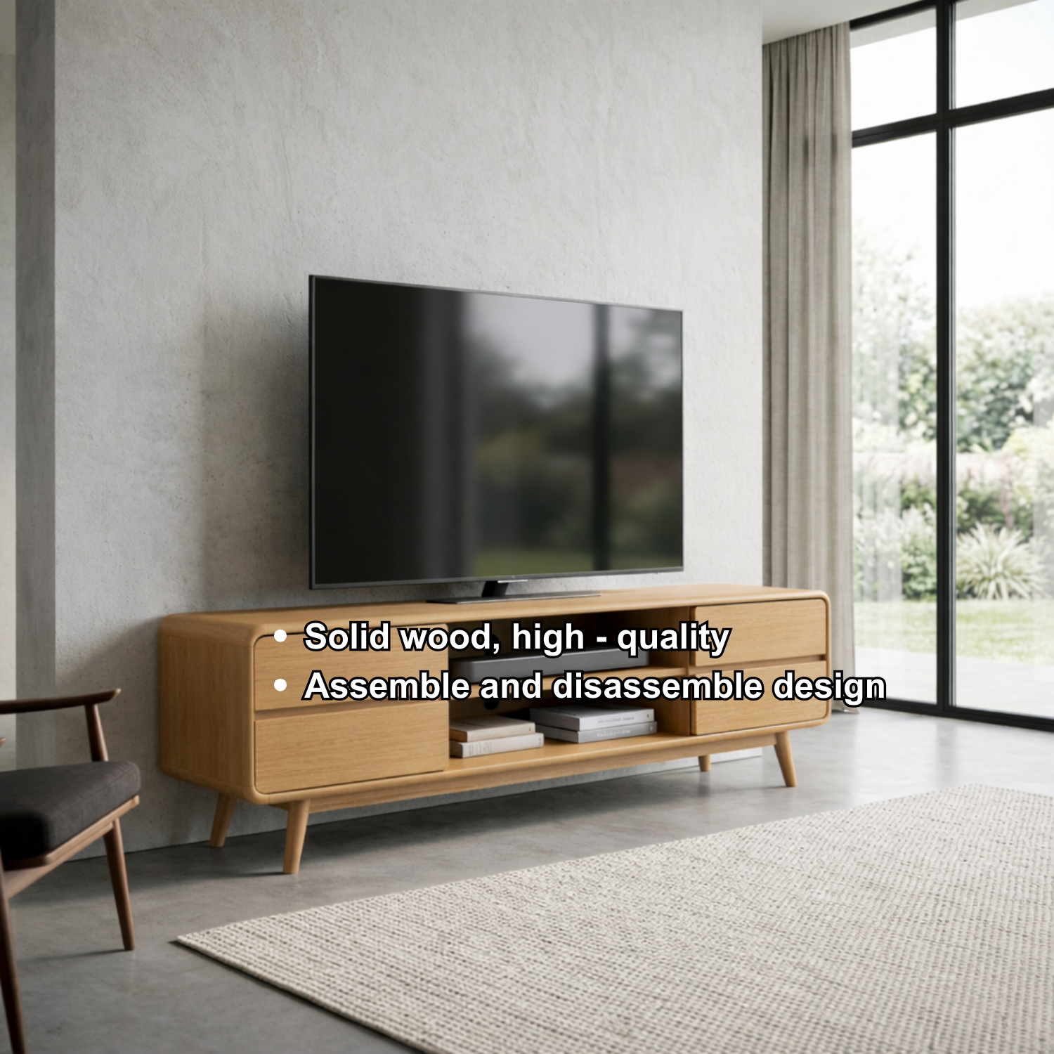 Modern Solid Wood TV Stand with 4 Drawers and Media Shelf – Minimalist Design Media Console