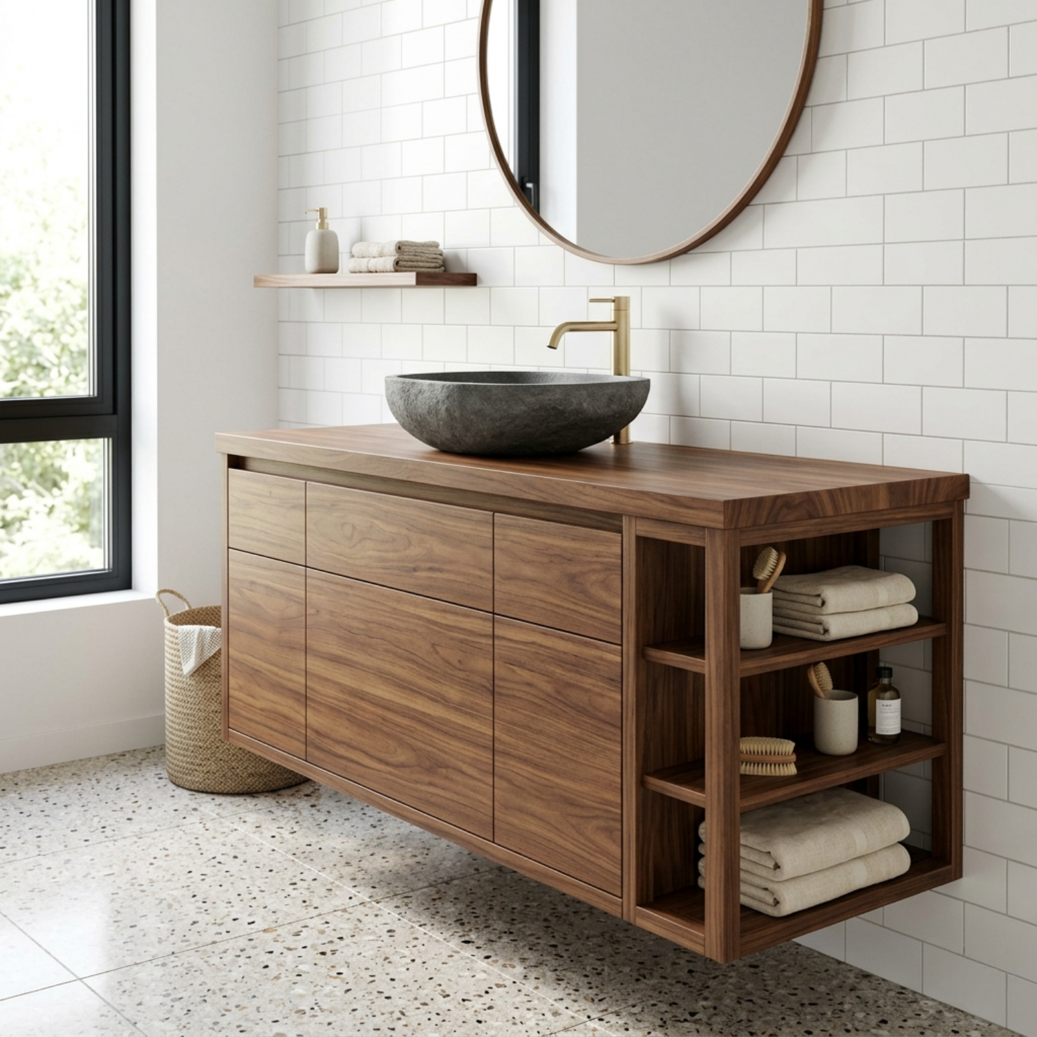 Floating Solid Wood Bathroom Vanity with Cabinet Doors and Side Open Shelving